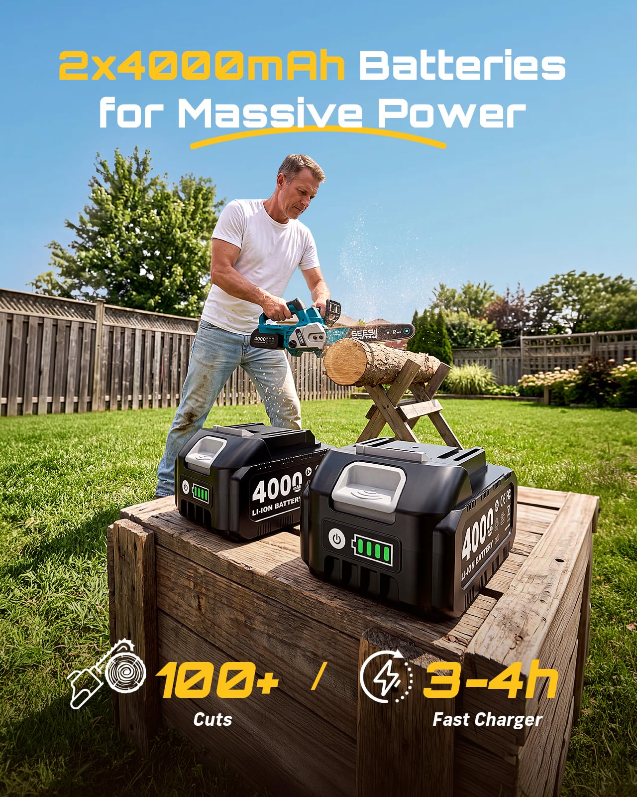 SEESII 12-calowa akumulatorowa piła łańcuchowa 1200 W, bezszczotkowa elektryczna piła łańcuchowa z 2 bateriami 4 Ah i ładowarką, automatycznym olejarem, naprężeniem łańcucha bez użycia narzędzi