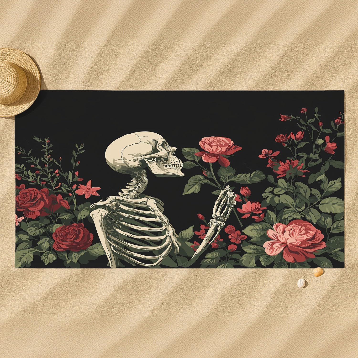 Extravagant, Gothic, Romantisch Strandtuch 230 x 210 cm - Strandtuch trandtuch Leichtdünn Weich Rote Rosen, Totenköpfe, Grüne Blätter,für Strand, Pool, Yoga, Picknick