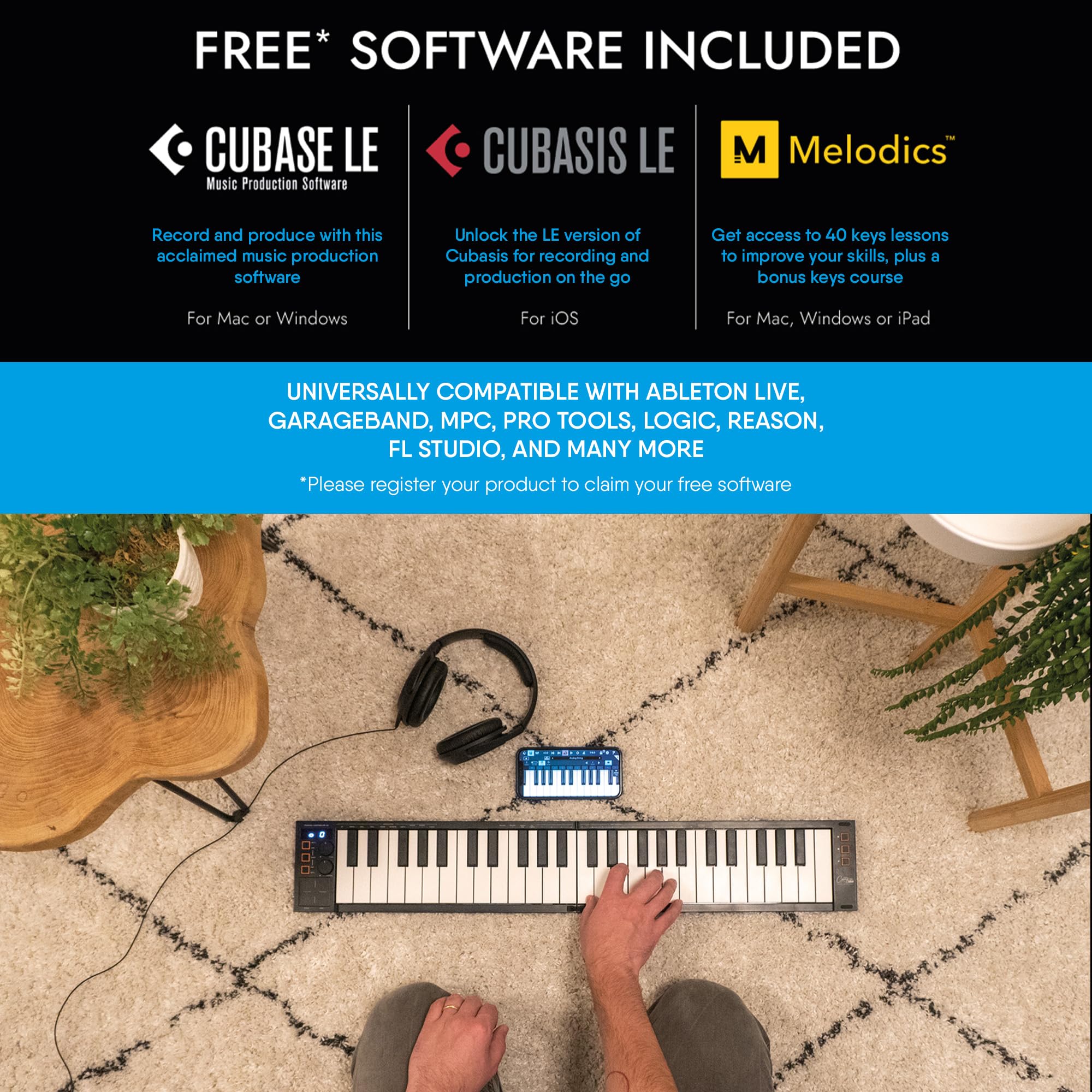 Carry-on FC-25 Clavier Contrôleur Midi sur USB Pliable 25 Touches 8 Percussions Rétro-éclairés Inc Cubase LE OEM et Logiciel Cubase LE OEM IOS DAW