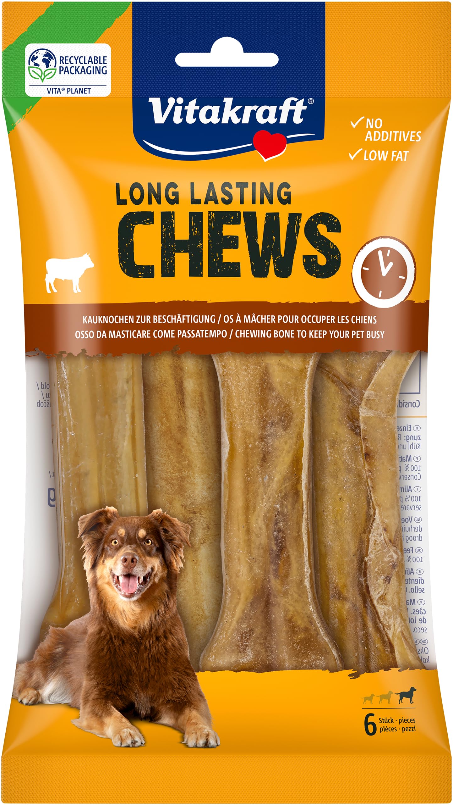 Vitakraft Long Lasting Chews, huesos masticables para perros, huesos masticables hechos de piel de vacuno, para una actividad intensiva (5x 360g)