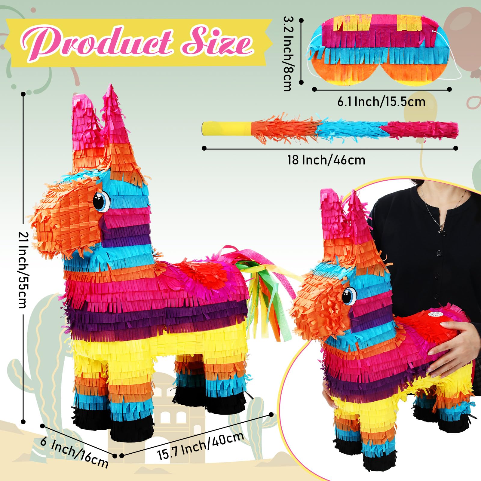 Poen Piñata grande de burro arcoíris de 21 pulgadas, piñata multicolor para fiesta, 53 x 15,7 x 6 pulgadas, decoración de fiesta temática mexicana, carnaval, festivales, eventos de martes de tacos,
