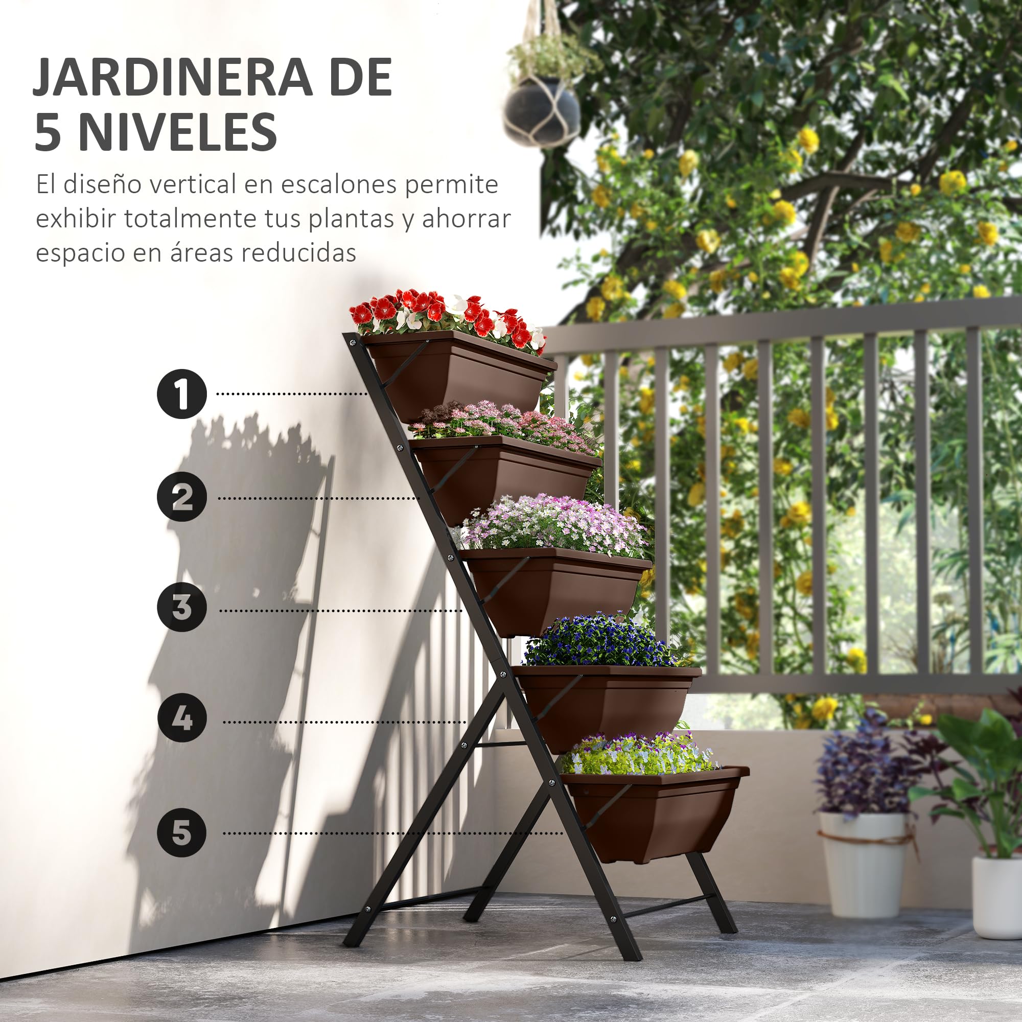 Outsunny Soporte para Plantas Exterior de 5 Niveles con 5 Macetas Negro | Estantería Esquinera con Orificios de Drenaje y Diseño en Escalera, para Interior y Exterior, 55x63x120 cm
