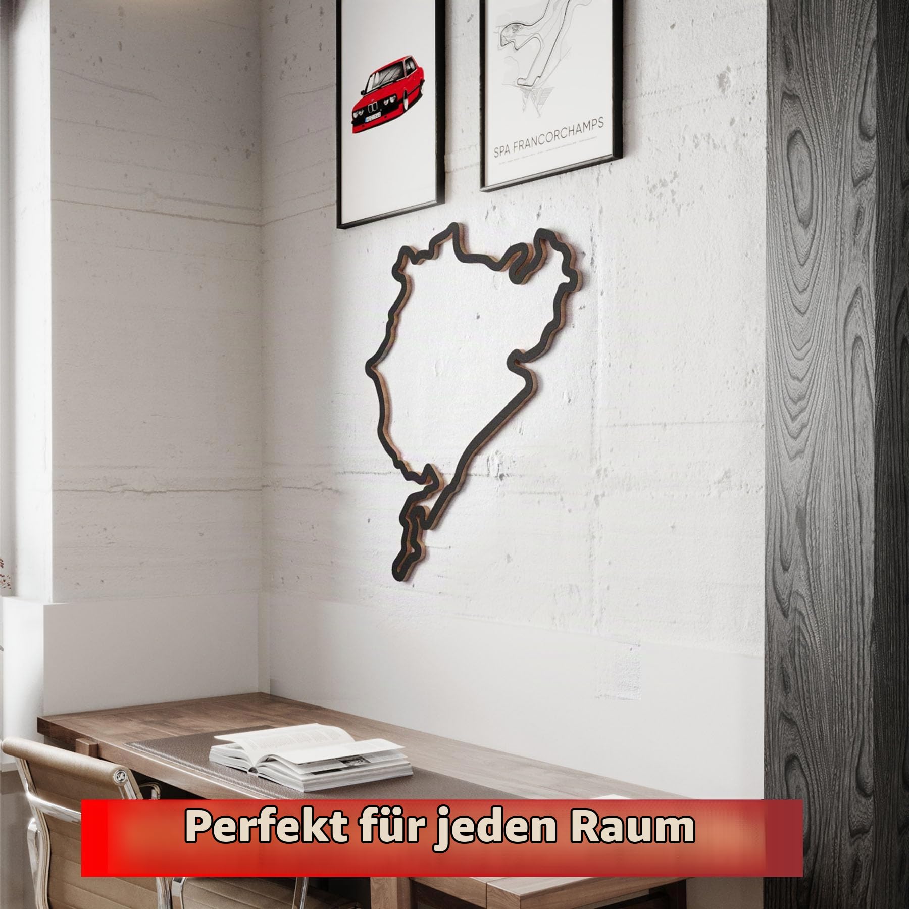 Nürburgring Holzskulptur Wanddeko – Komplette Rennstrecke aus einem Stück Holz | 92 cm | Handgefertigte Wanddekoration in Schwarz | Geschenk für Motorsport-Fans, Männerhöhle, Büro & Wohnzimmer