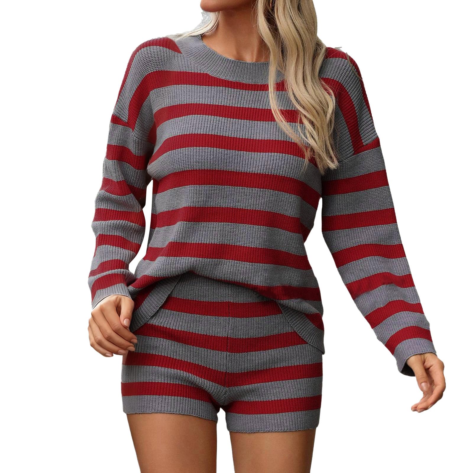 Maglione girocollo a righe con pantaloncini, comodo e casual, due pezzi, alla moda, autunno inverno