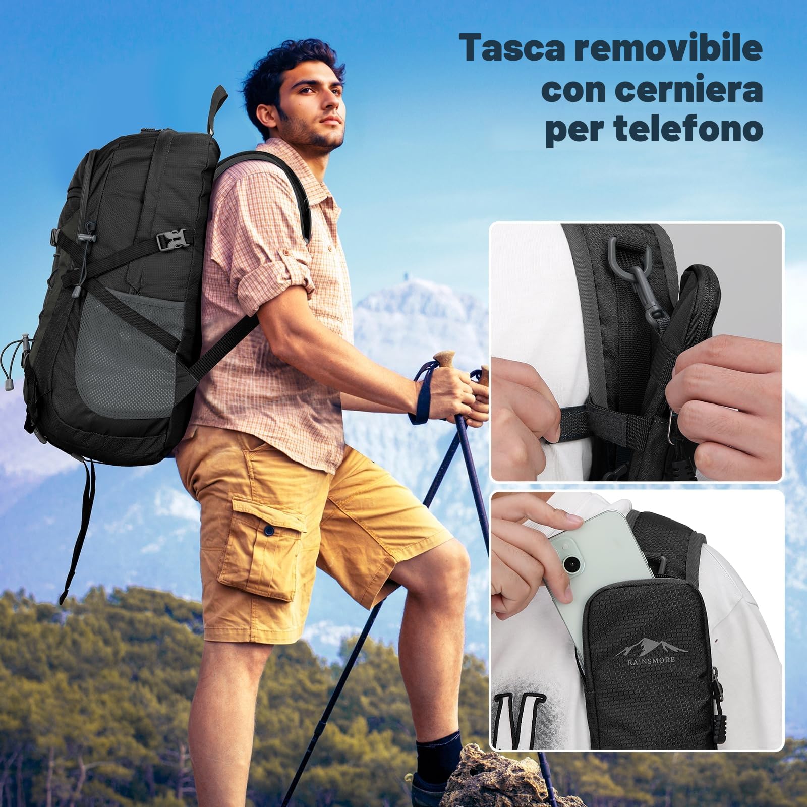 RAINSMORE Zaino Trekking 40 Litri Impermeabile Ultraleggero Pieghevole | Zaino Montagna per Escursionismo Alpinismo Equitazione Campeggio Viaggio e Sportivo