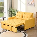 BIGSYY 52" 3-in-1 Convertible Sleeper Sofa Bed, Linen, Yellow | Pull-Out Bed, Stepless Adjustable Backrest, Side Pocket, Compact Loveseat, Living Room, Dorm & Apartment