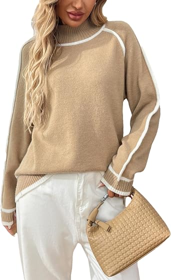 Bozanly Womens Mock Neck Pullover Sweaters 2025 Casual Fall Winter Long Sleeve Color Block Loose Knitted Tops