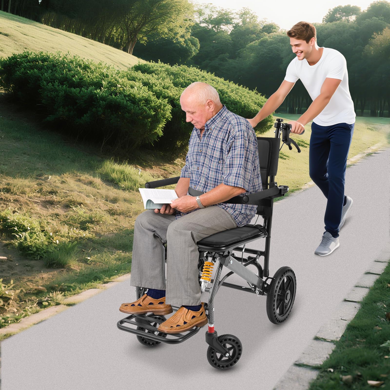 Sedia a rotelle, pieghevole, leggera, fino a 100 kg, pieghevole, pieghevole, con manico telescopico, freni