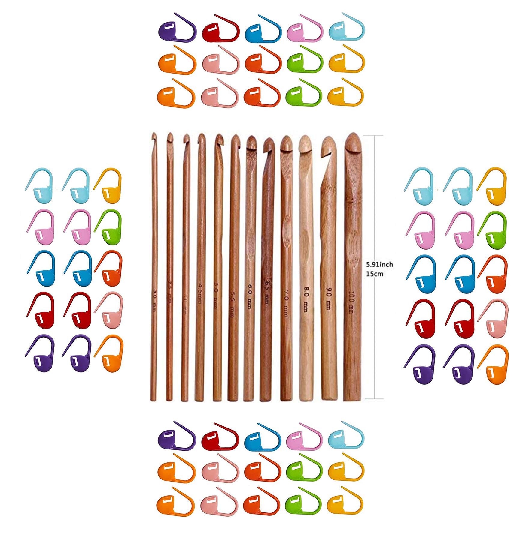 60PC Mix Color Knitting Stitch Counter Crochet Locking Stitch Markers and 12PC Different diameters Handcrafted Knitting Bamboo Crochet Hooks Set Needles