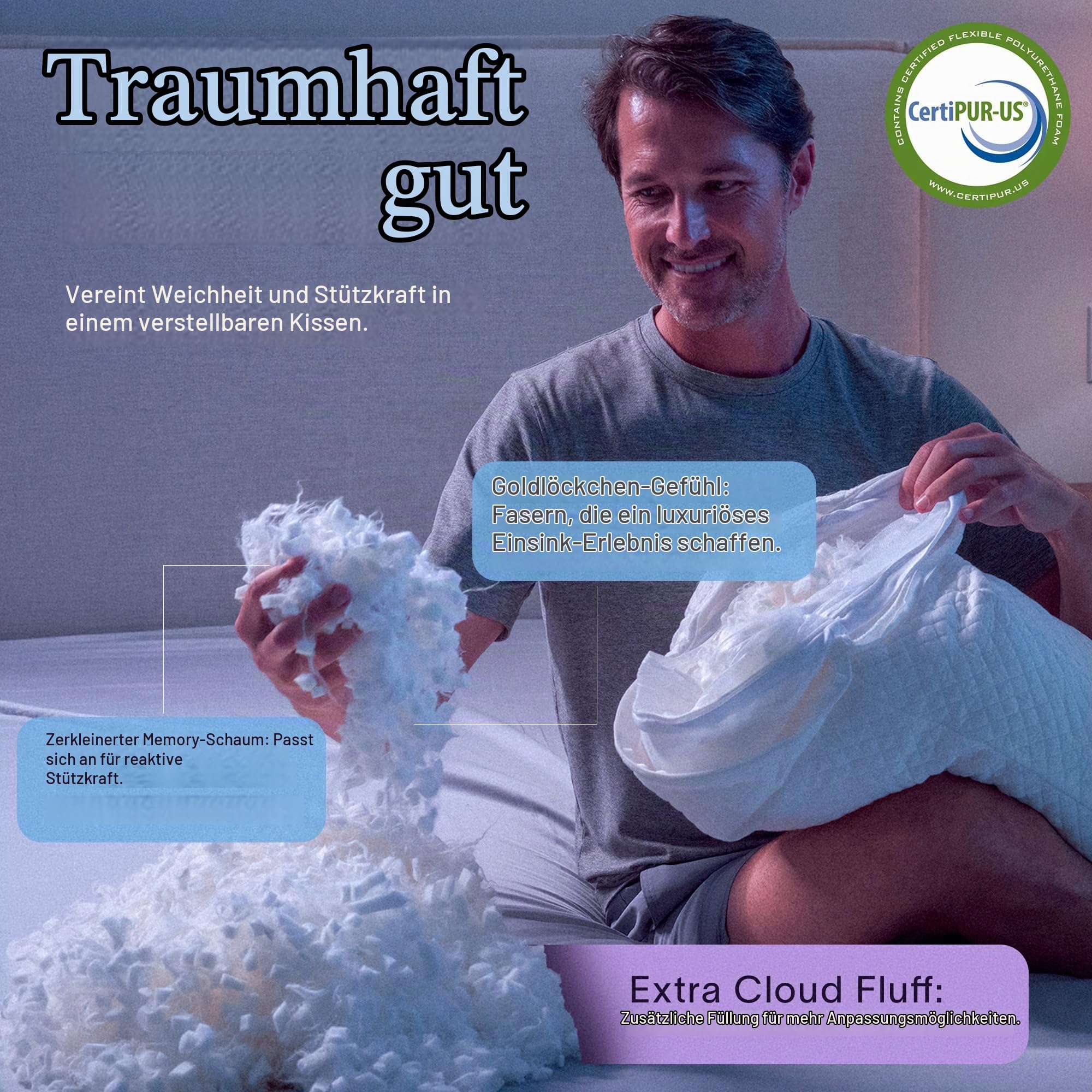 DreamyBlue Premium Kissen zum Schlafen – geschredderte MemorySchaumstofffüllung [Verstellbarer Loft] Waschbarer Bezug aus Bambus gewonnener Viskose – für Seiten, Rücken und Bauchschläfer –