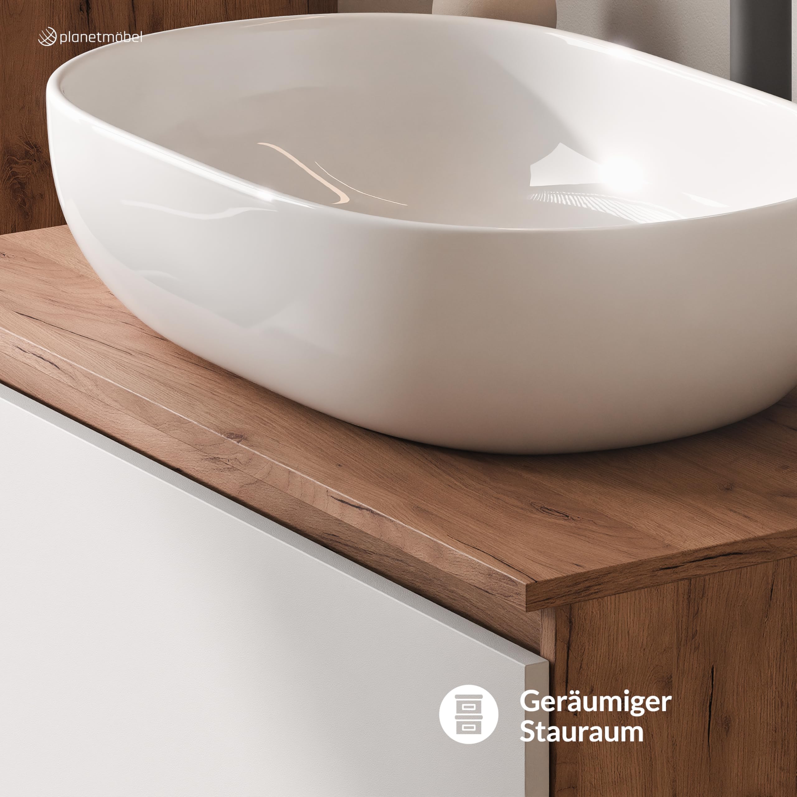 Planetmöbel Arisa Ensemble de meubles de salle de bain avec meuble bas 80 cm chêne doré blanc avec miroir Nova Lavabo 60 cm blanc + siphon d'économie d'espace