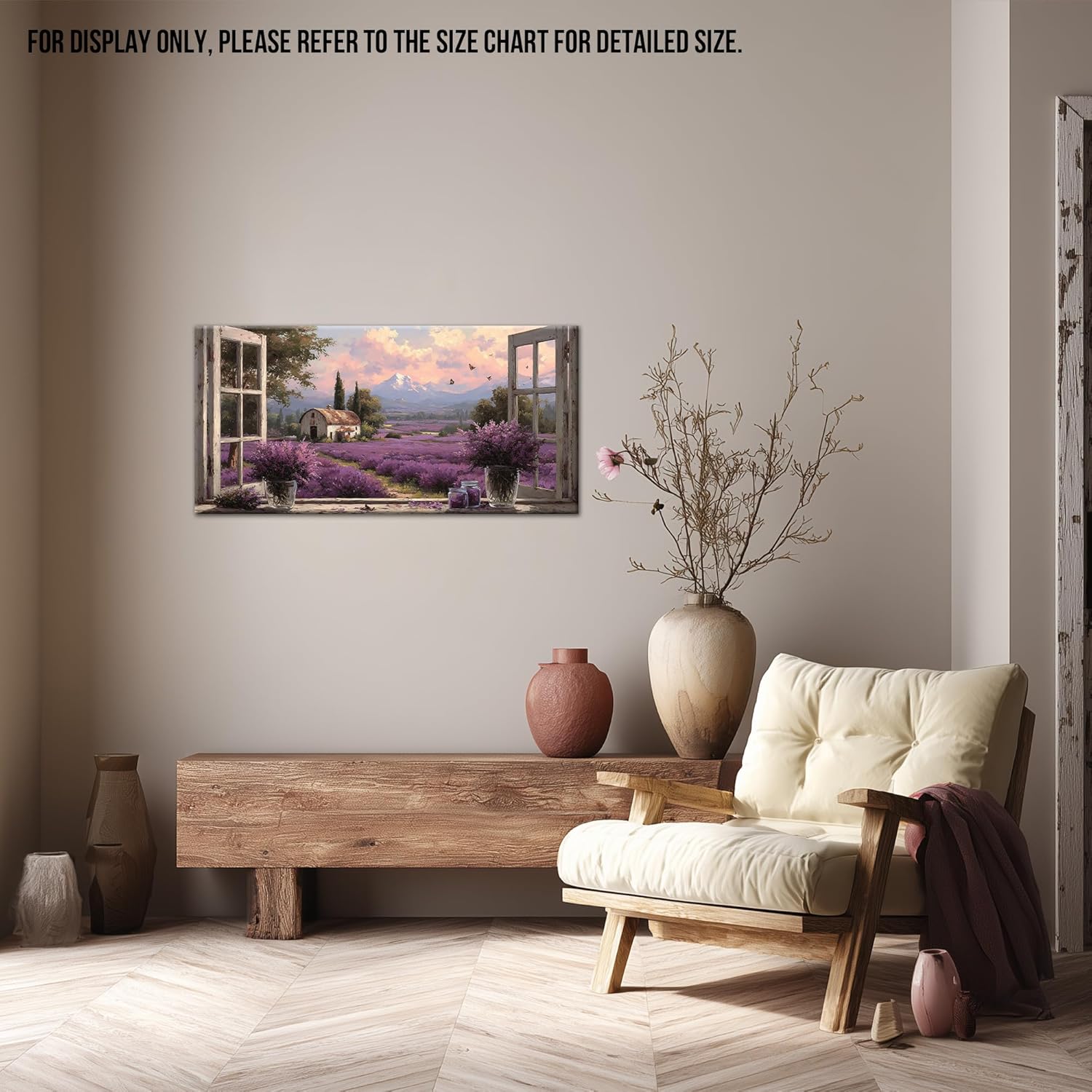 TIMUBA Rustic Farmhouse Floral Canvas Wall Art, Vintage Wildflower Field Painting Artwork, Purple Flower Pictures for Bedroom Wall Decor, Fake Window Country Barn Landscape Poster Home Decor 16x8 In