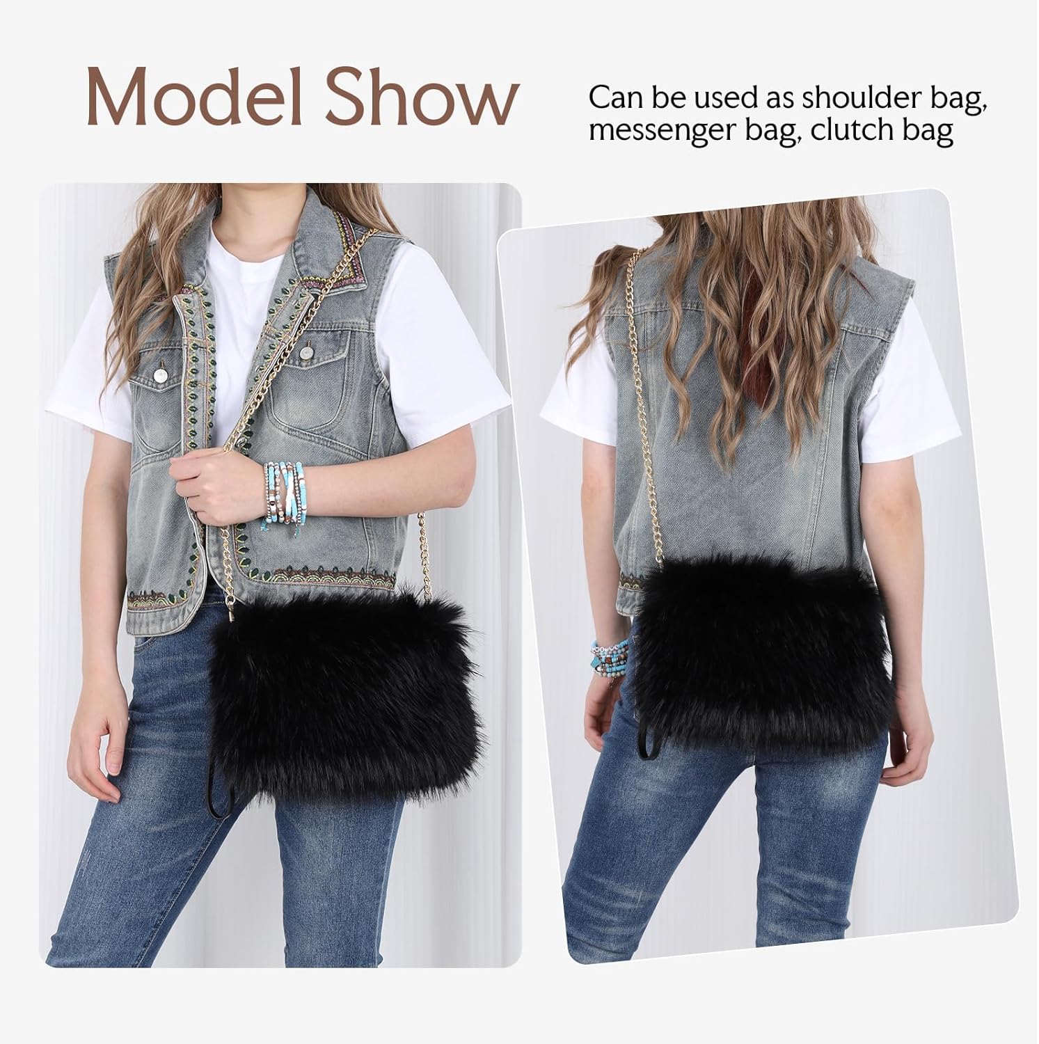 Oweisong Faux Fur Purse for Women Formal Furry Evening Clutch Plush Fluffy Shoulder Bag Wristlet Handbag - Image 2