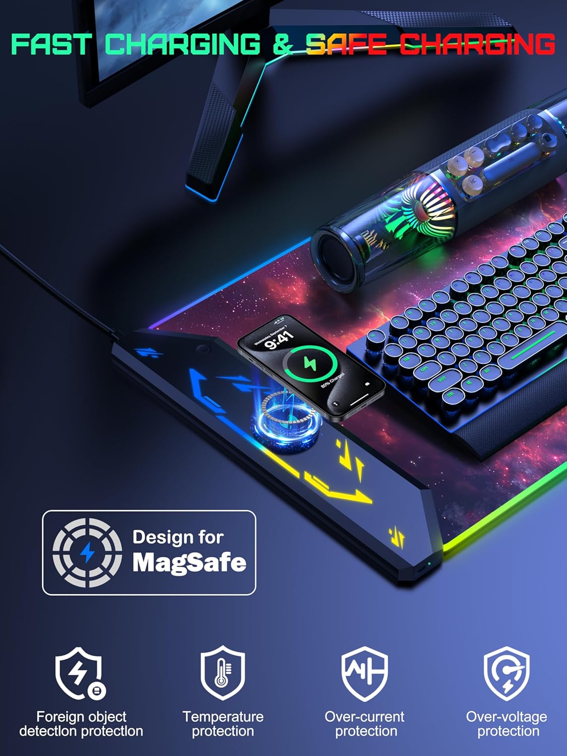 TopMade Wireless Charging Mouse Pad, RGB Gaming Mousepad, 35.4" x 15.8" Extra Large Waterproof Keyboard Desk Pad, Computer Desk Mat, Red Nebula (Includes 20W PD Power Adapter & 6.56ft Woven Cable)