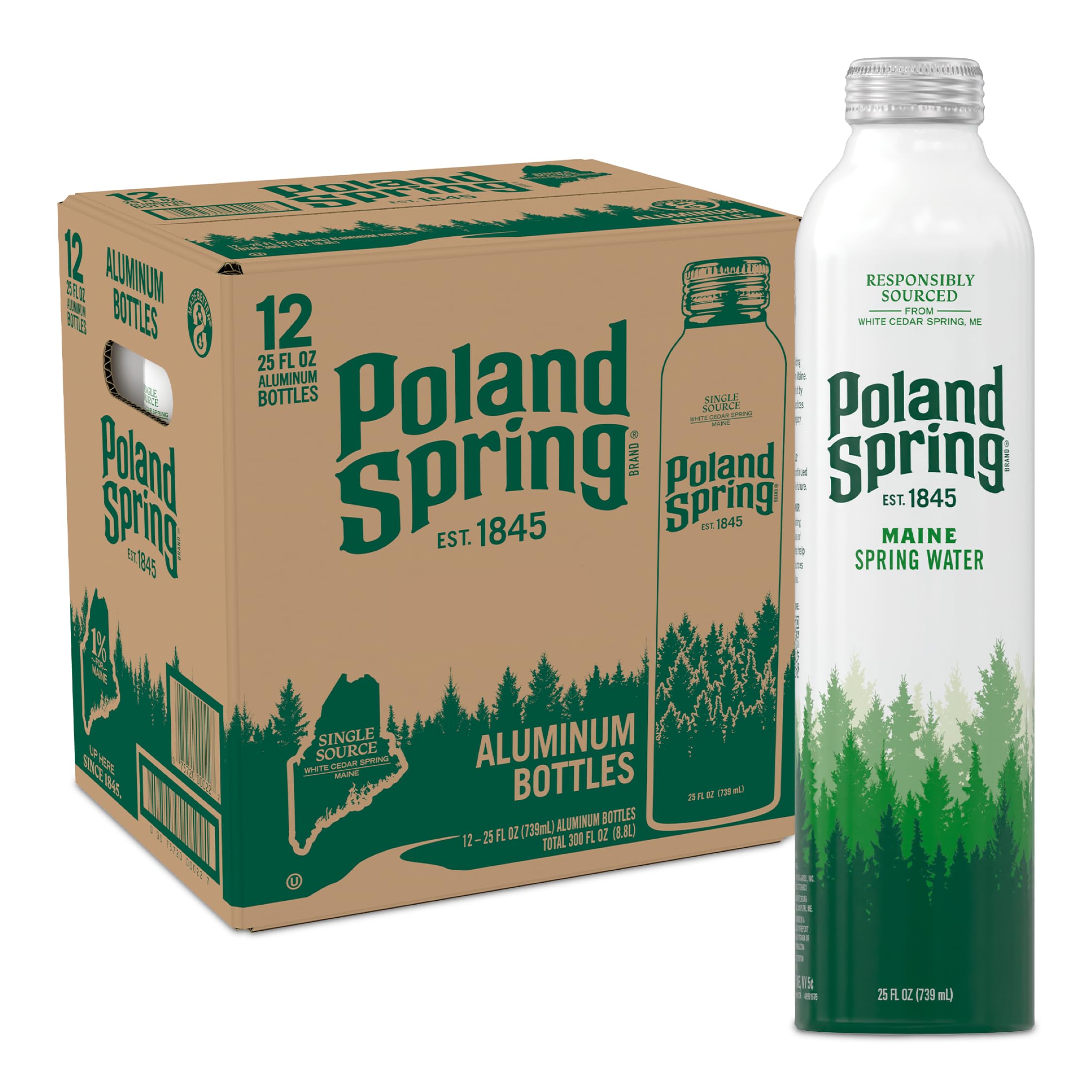 Poland Spring Maine Spring Water Aluminum Bottle – Crisp, Still Bottled Water with Naturally Occurring Minerals & Electrolytes for Taste - 12 Pack- 25