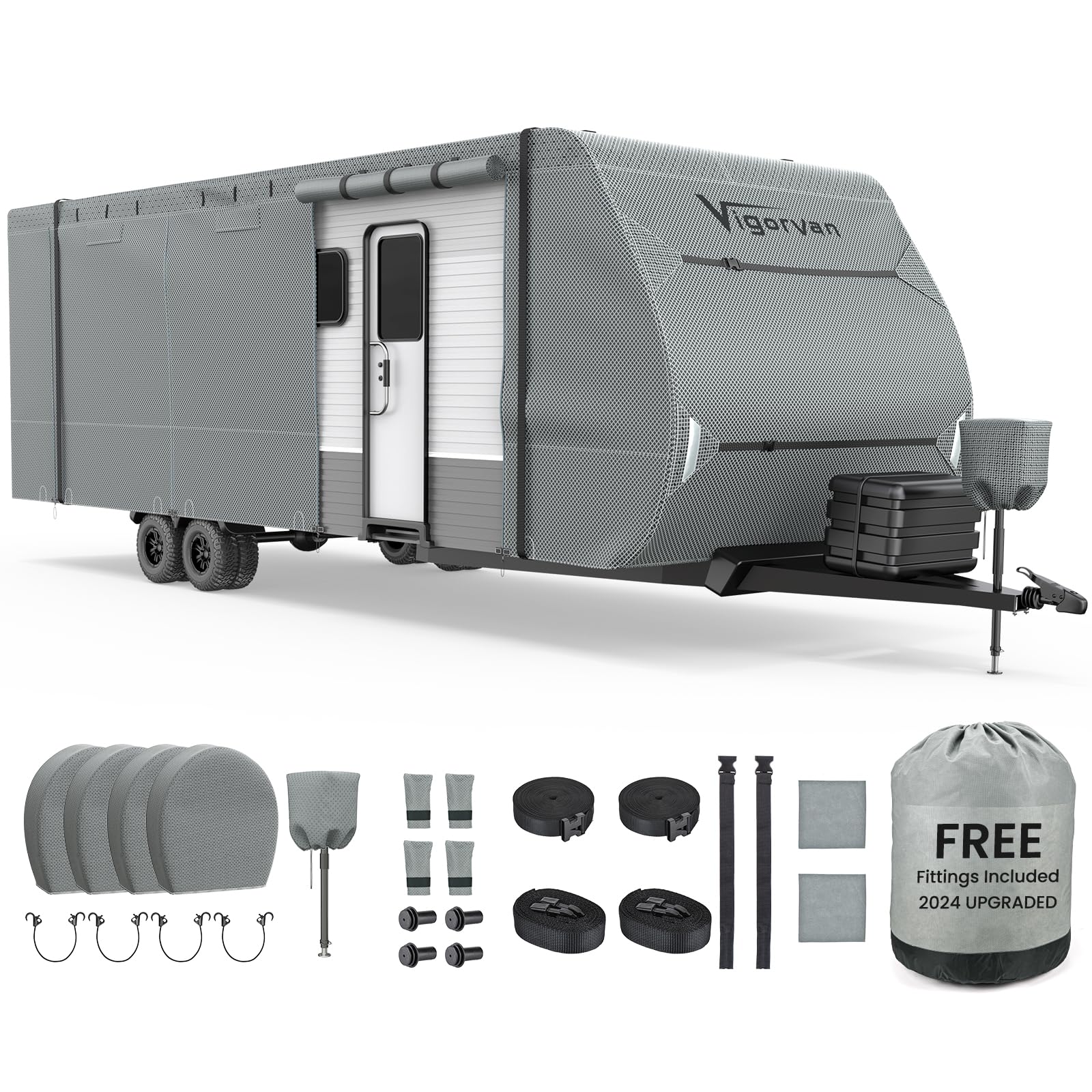 Upgraded RV Cover, Extra Thick Travel Trailer Cover, Durable Camper Cover Fits 27'-30' Motorhome for Winter Snow, Anti-UV, Waterproof, Rip-Stop, Windproof with Jack Cover & Tire Covers