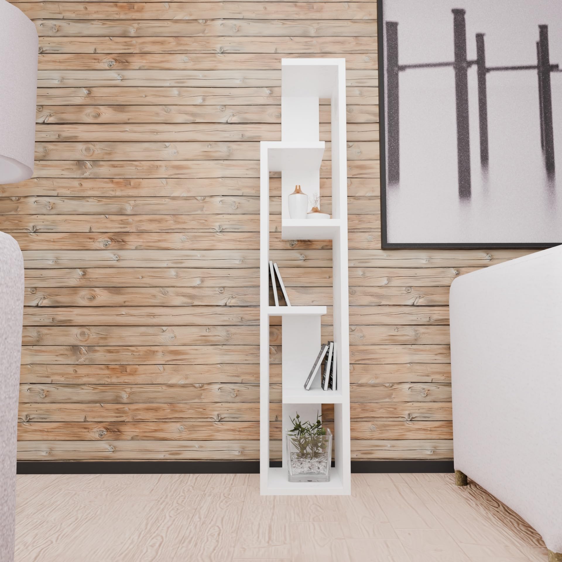 flux Engineered Wood Multipurpose Book Storage Display Organizer Rack with 4 Shelves, Solid Finish, Space-Saving Vertical Design for Bedroom and Office, White, 47x21x100 cm-image-23
