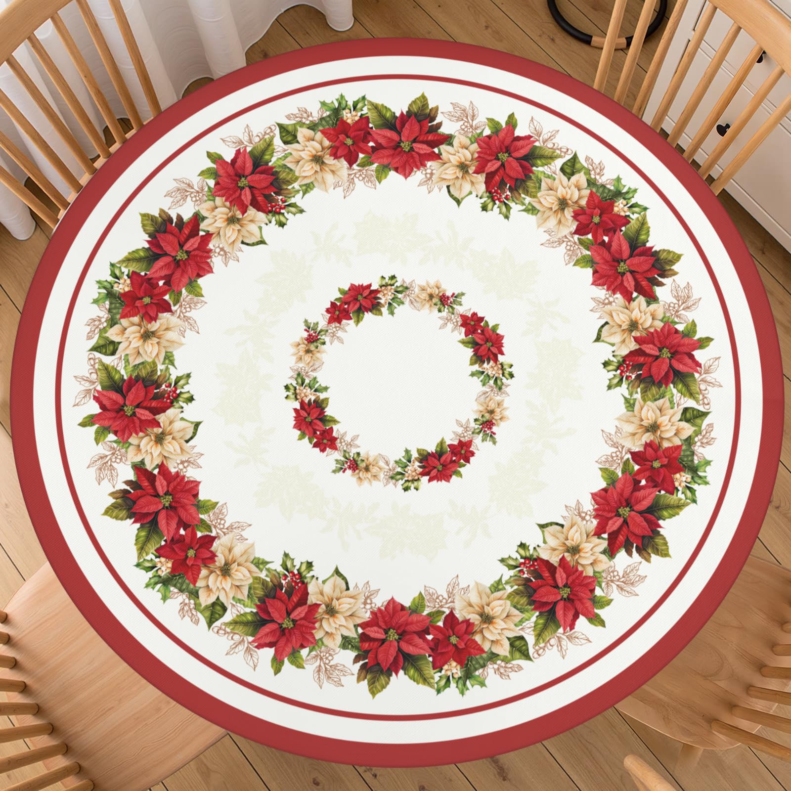 Photo 1 of Aytipun Christmas Round Fitted Tablecloth with Elastic for 44-48 Inch Tables Winter Floral Leaves Print Fitted Table Cover Waterproof Holiday Theme Farmhouse Indoor Outdoor Patio Picnic Party Decor
