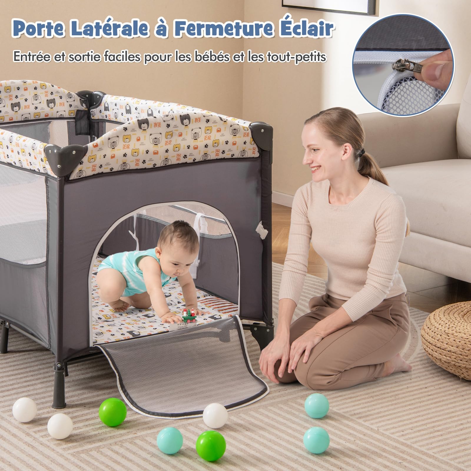 COSTWAY 5 en 1 Lit Parapluie Bébé avec Matelas & Table à Langer, Lit Bébé Évolutif avec 5 Hauteur Réglables, Musique et Jouets Suspendus, Mode Bascule, Charge 15kg pour Bébé de 0-3 Ans