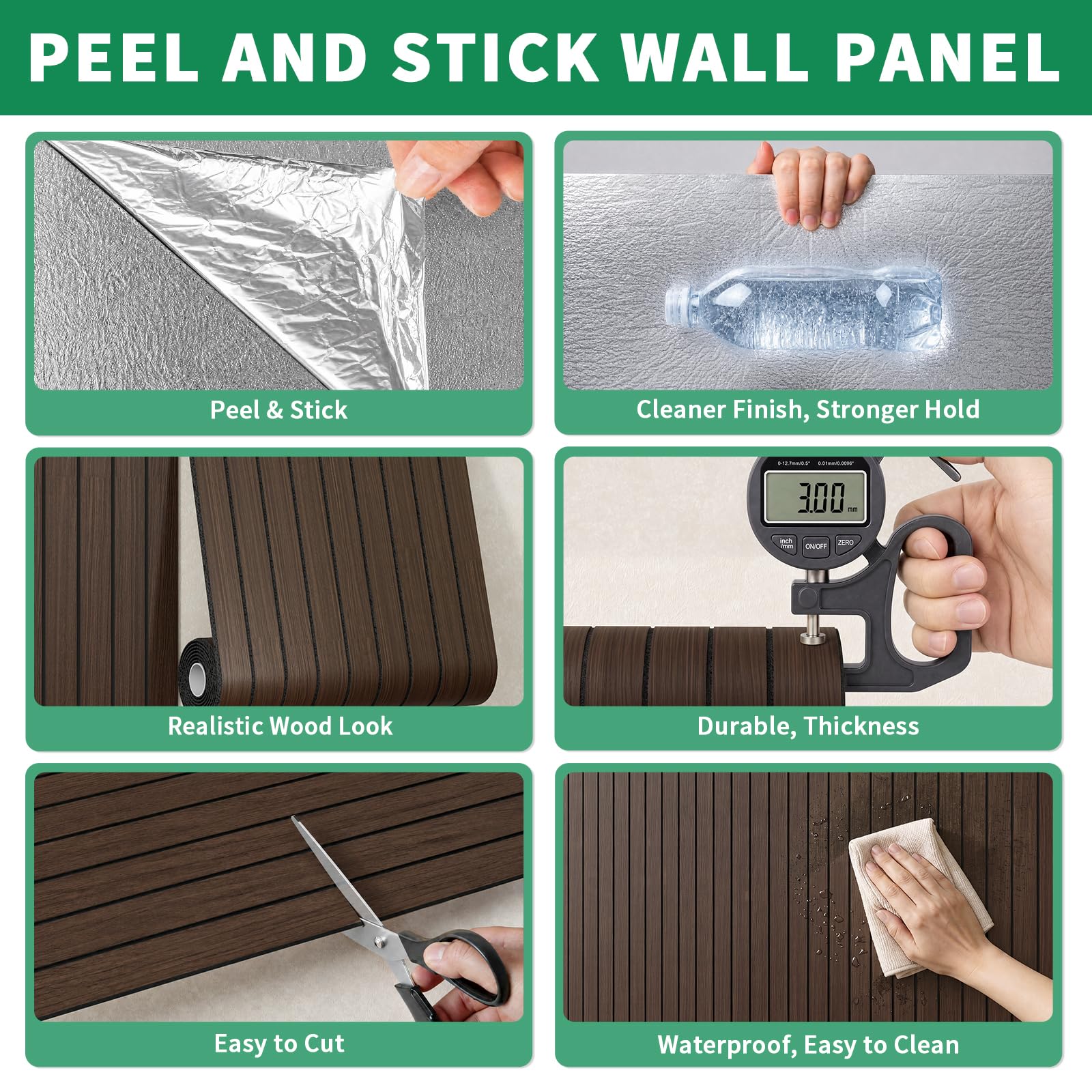 Pannello da parete in PVC con venature del legno, autoadesivo, con venature del legno, 599,4 x 40 cm, pannelli da parete insonorizzanti per camera da letto, bagno, pareti e soffitti, noce