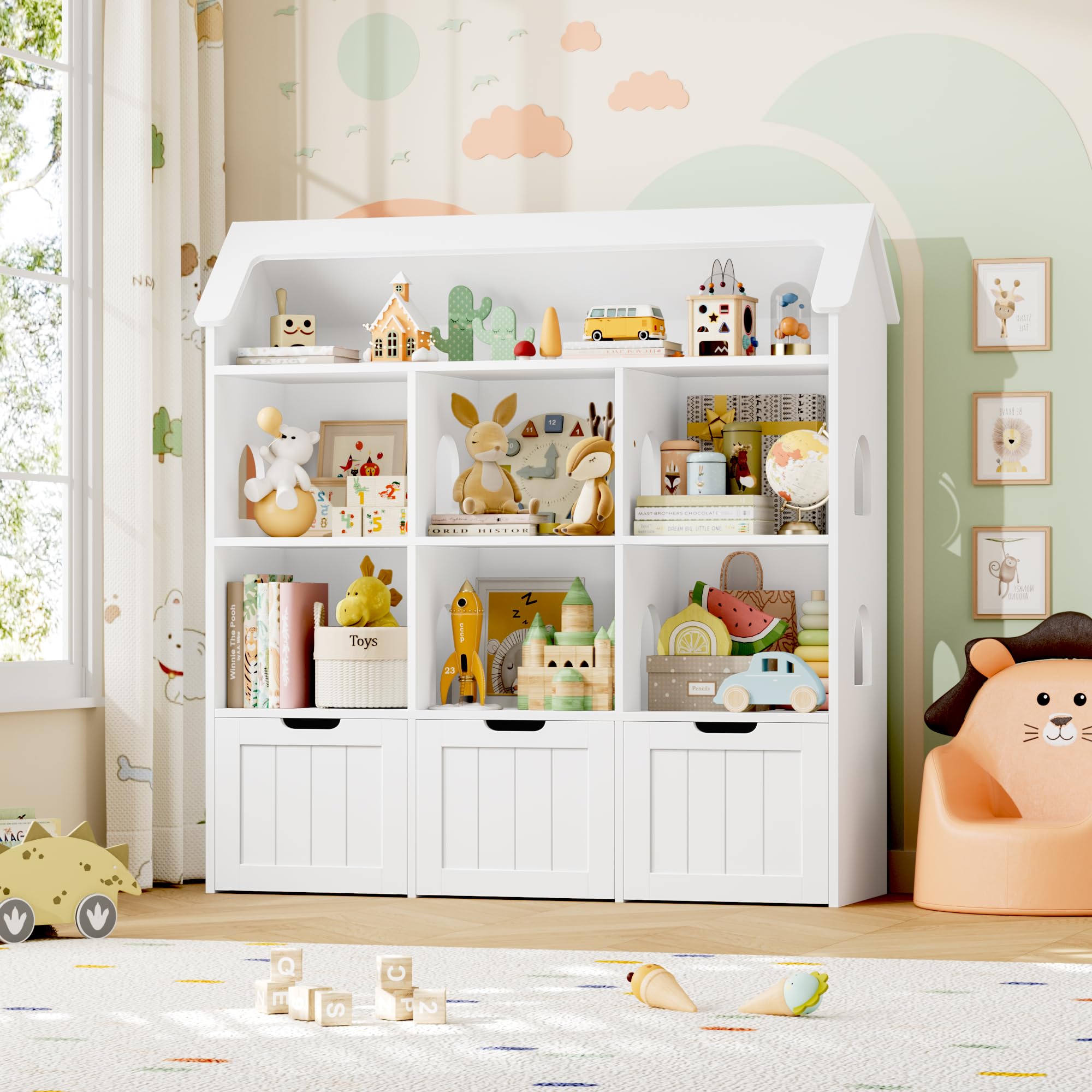FOREHILL Meuble Rangement Enfant, Maison de Poupée, Bibliothèque Enfant avec 7 Étagères 3 Tiroirs Roulants, Rangement Jouet Chambre Enfant, 120x30x117.5cm, Blanc