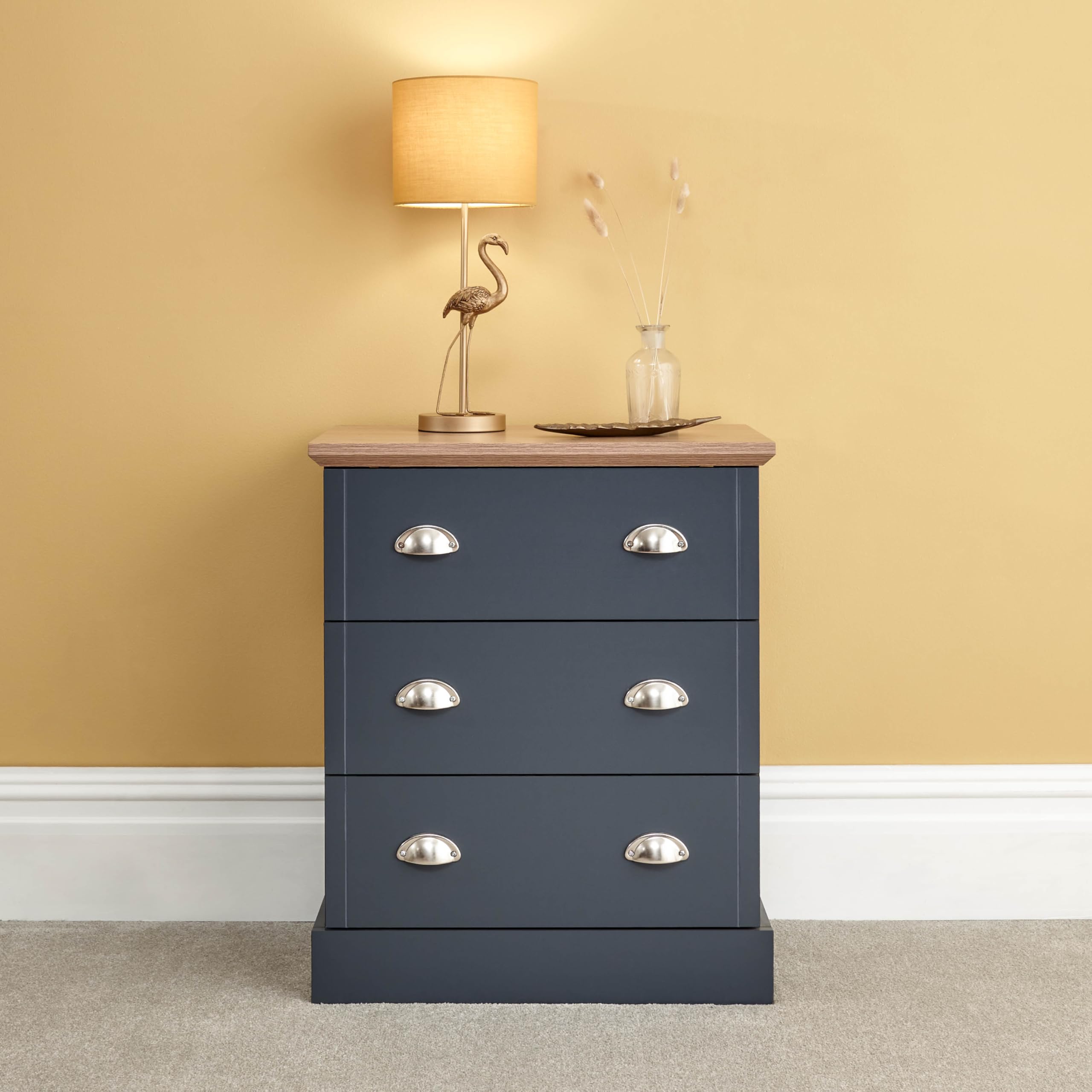 GFW Kendal 3 Drawer Chest of Drawers, Slate Blue Bedroom Storage Unit, Country Style Chest with Large Drawers