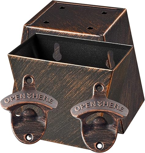 Abrebotellas de acero inoxidable de cobre antiguo, montado en la pared con atrapasadores de tapas de drenaje para exteriores (paquete de 2)