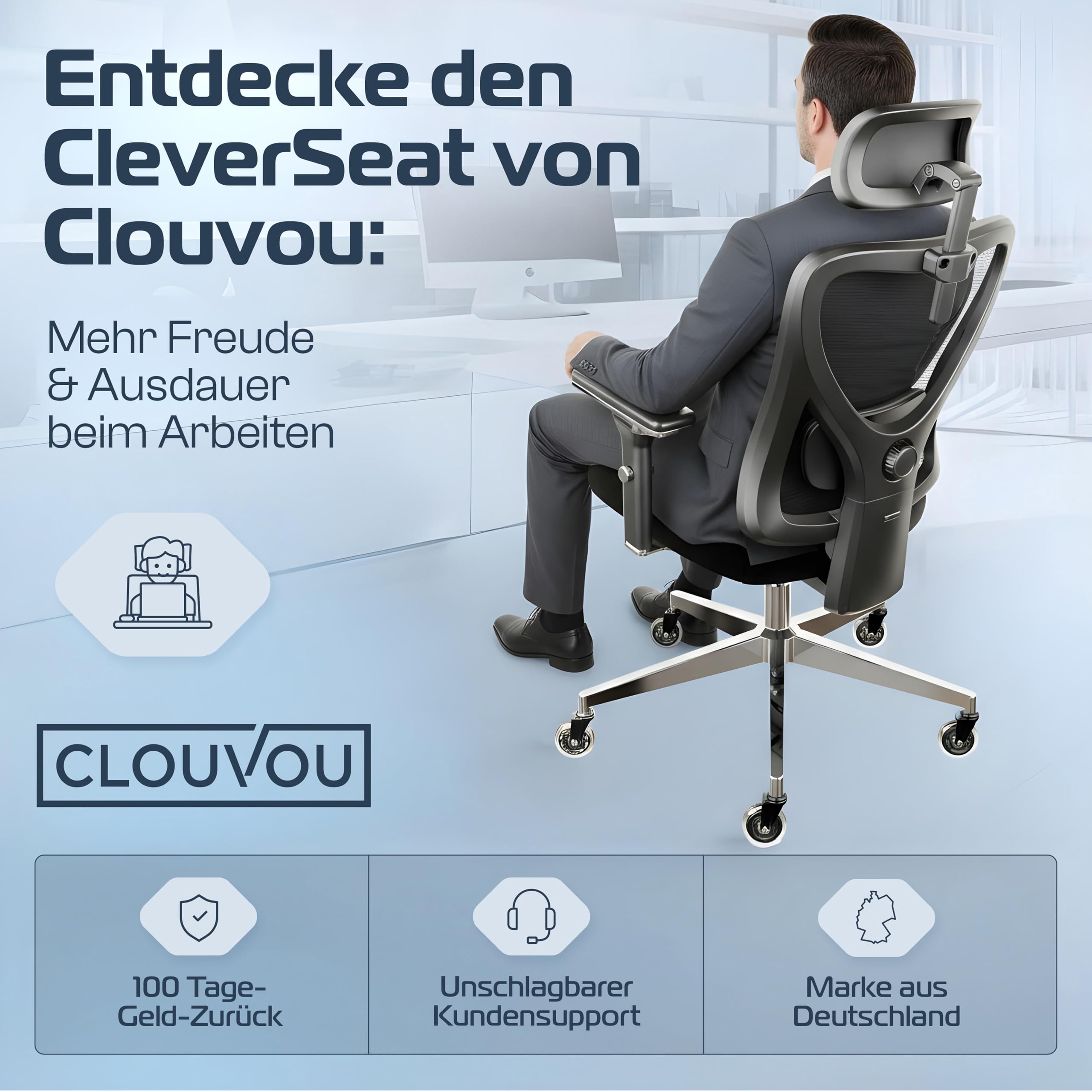 CLOUVOU CleverSeat Bürostuhl Ergonomisch TESTSIEGER Schreibtischstuhl Drehstuhl 150 kg