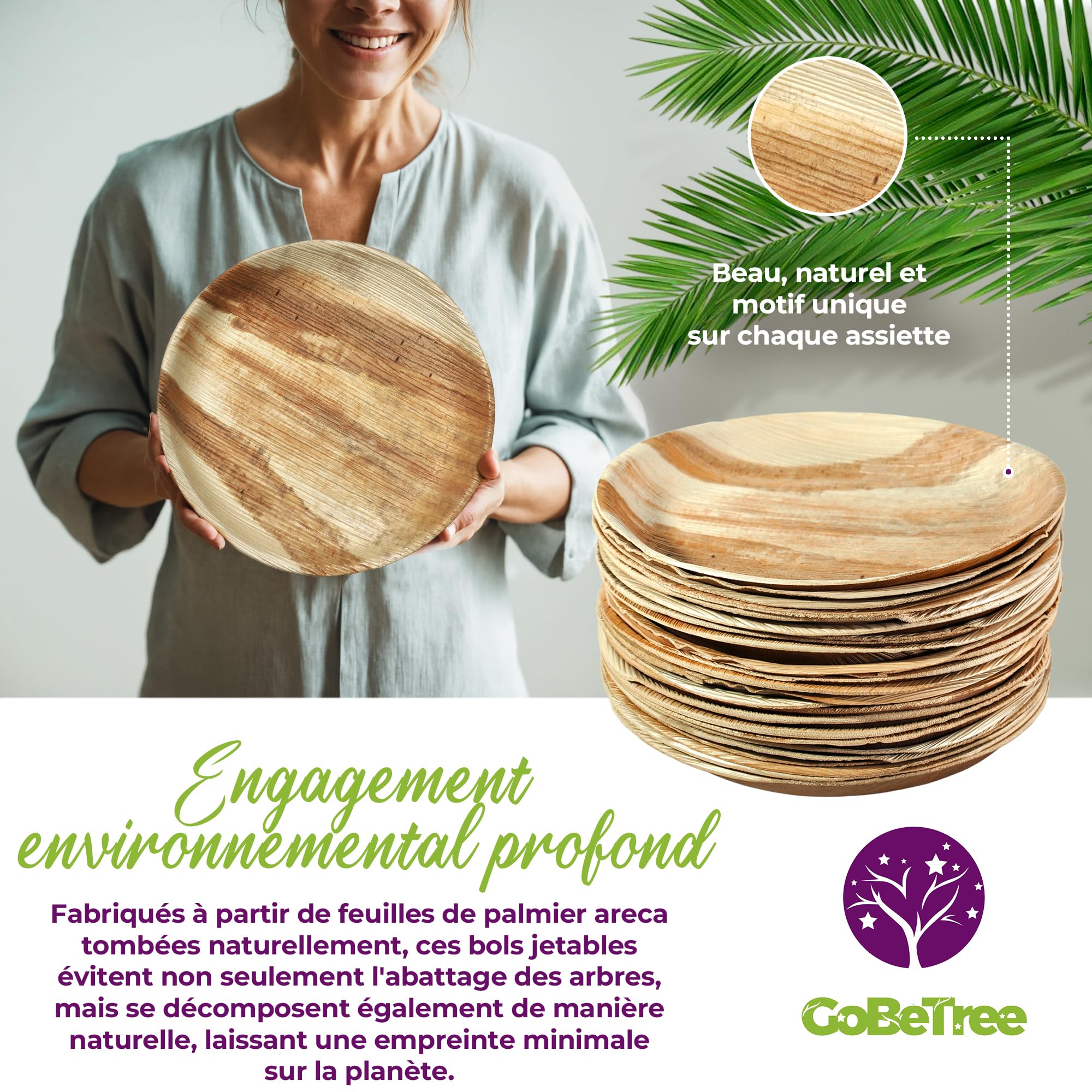 GoBeTree Assiettes Jetables En Feuille De Palmier, 25 Rondes De 23 Cm Pour Barbecues, Pique-niques, Similaires Au Bambou, Plus Résistantes Que Le Papier