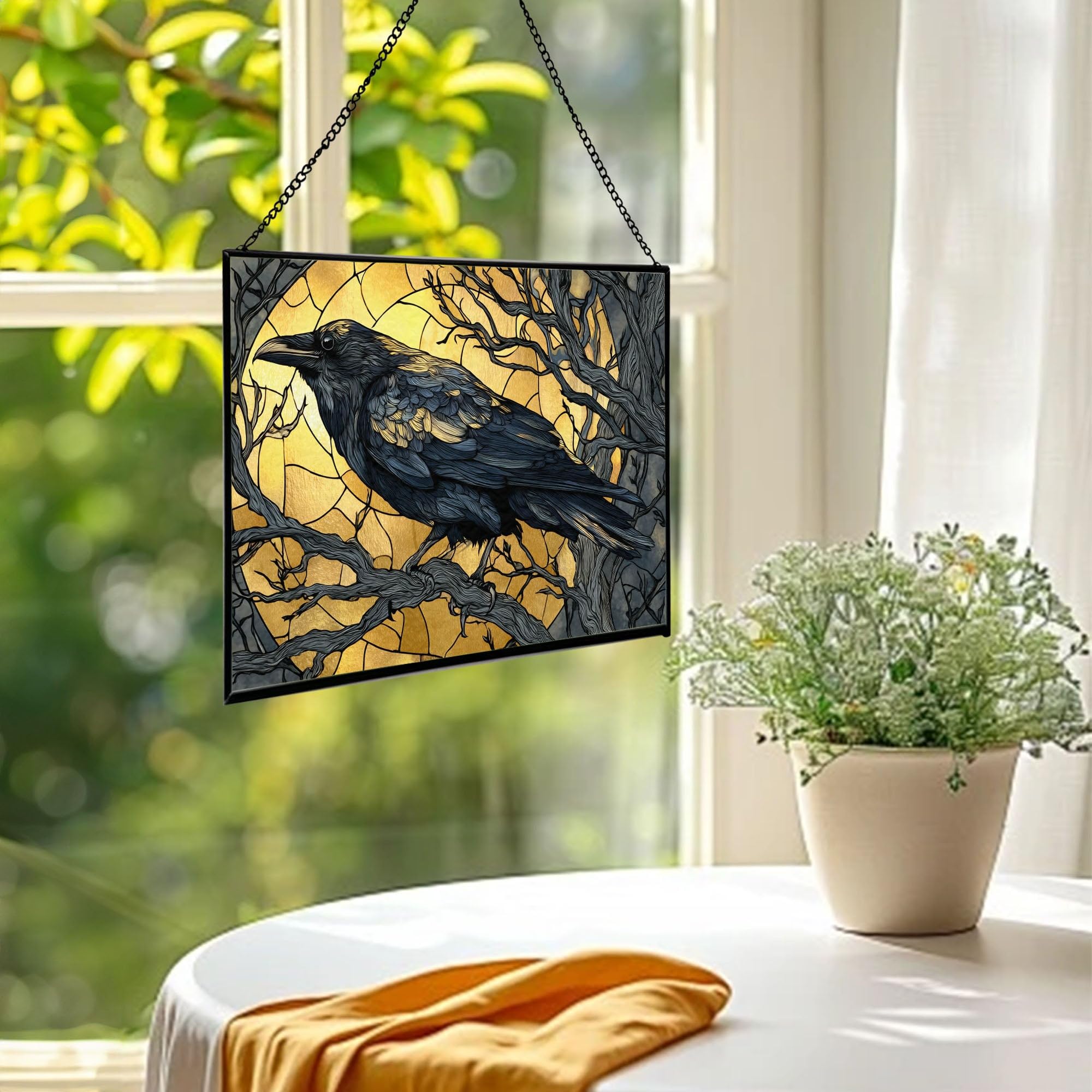 Crow Landing on Bare Autumn Branch Rectangular Stained Glass Suncatcher – Hanging Window Panel with Animal & Nature Scene – Vibrant Glass Art Gift for Wildlife, Fantasy, Nature Lovers vwTDNo