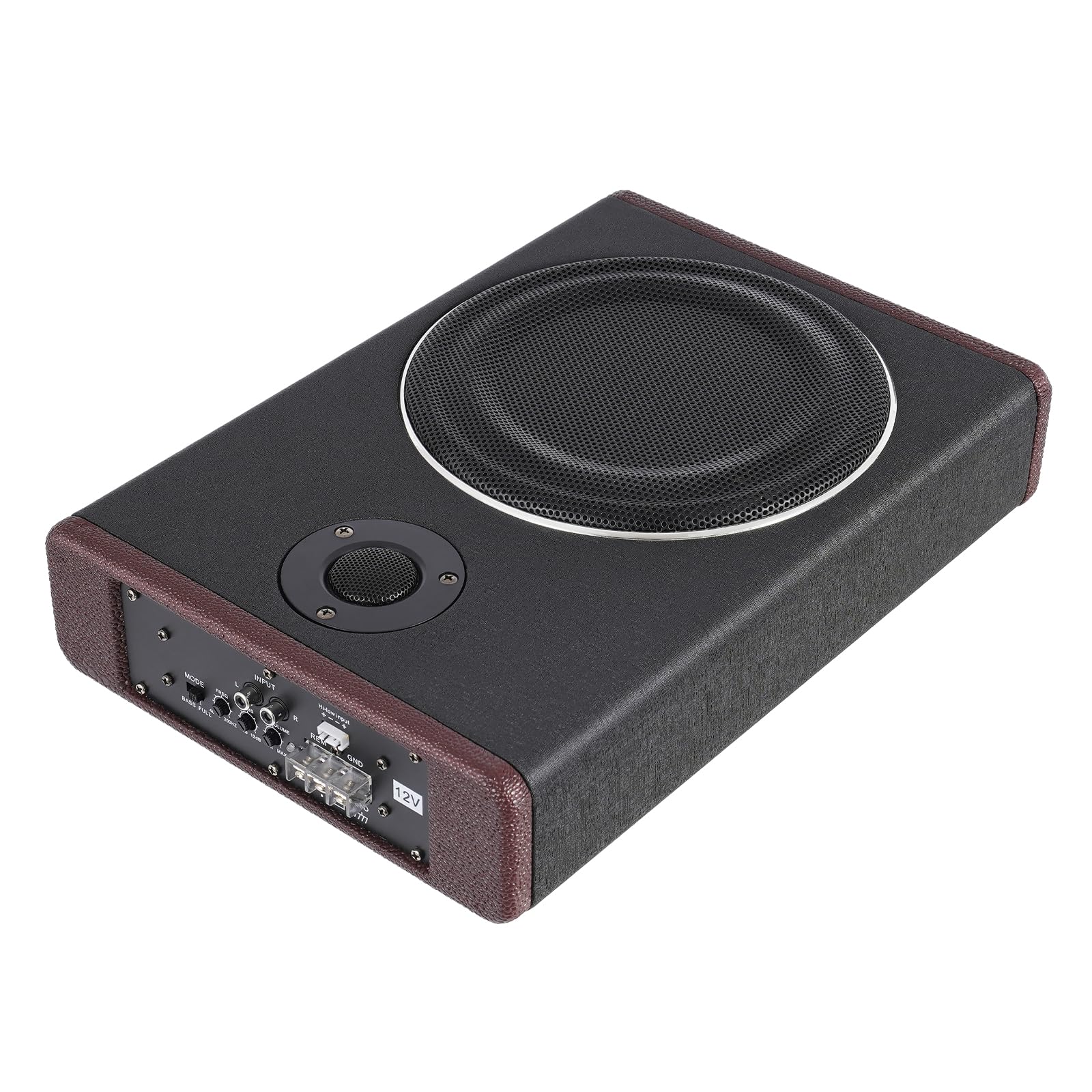Subwoofer per auto da 200 W con amplificatore, basso piatto per frequenze profonde (40 – 200 Hz), montaggio sotto il sedile, 600 W Max, alloggiamento in PU/legno, cavo e adattatore