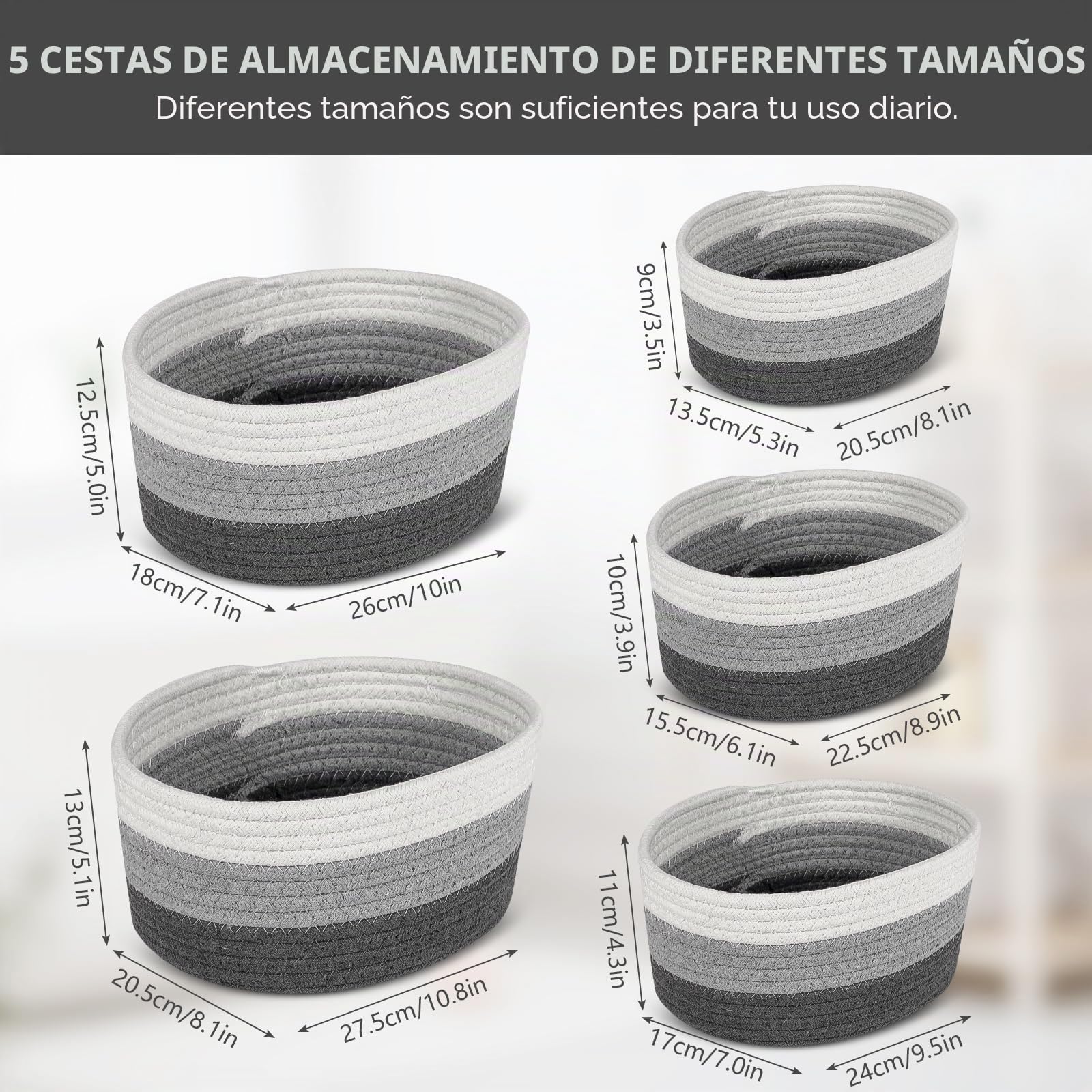 Verdenu Cestas Almacenaje Tejidas con Cuerda de Algodón Juego de 5, Cestas Organizadoras con Mango, Cestas organizadores para baño para baño infantil, dormitorio, vestuario (Gradiente Gris)