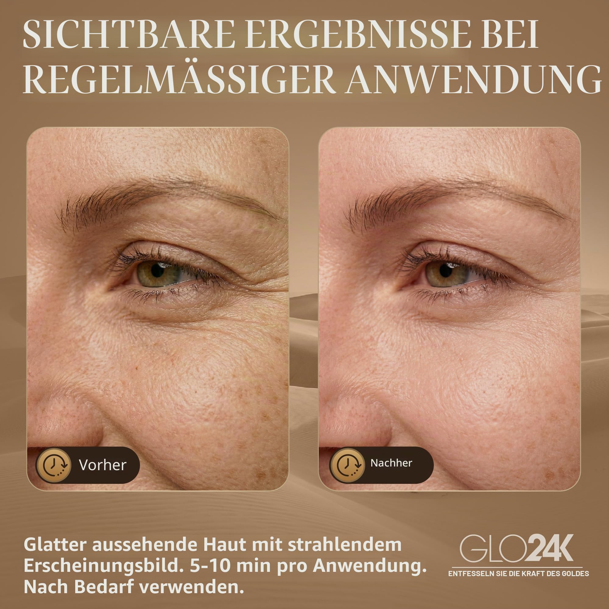 GLO24K 6-in-1 Schönheitstherapiestab für Gesicht, Augen und Hals. Basierend auf Dual-LED-Lichttherapie, thermischen, Vibrations- und Mikrostromtechnologien. Hautverjüngung