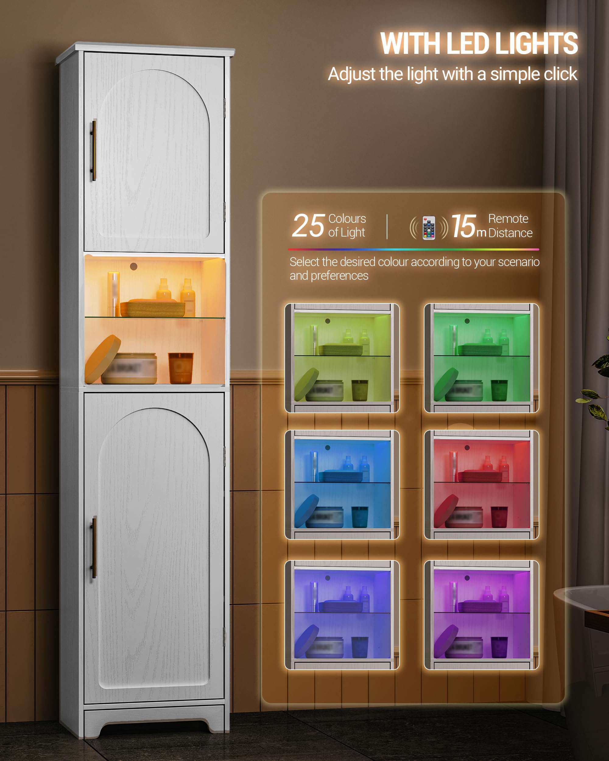 Hzuaneri Badezimmerschrank, Badschrank, Hoher Schrank Mit Farbwechselnden LED-Leuchten Und 2 Türen, Verstellbare Einlegeböden, Wohnzimmer, Badezimmer, 30 X 40 X 170 cm, Weiß SC28213X