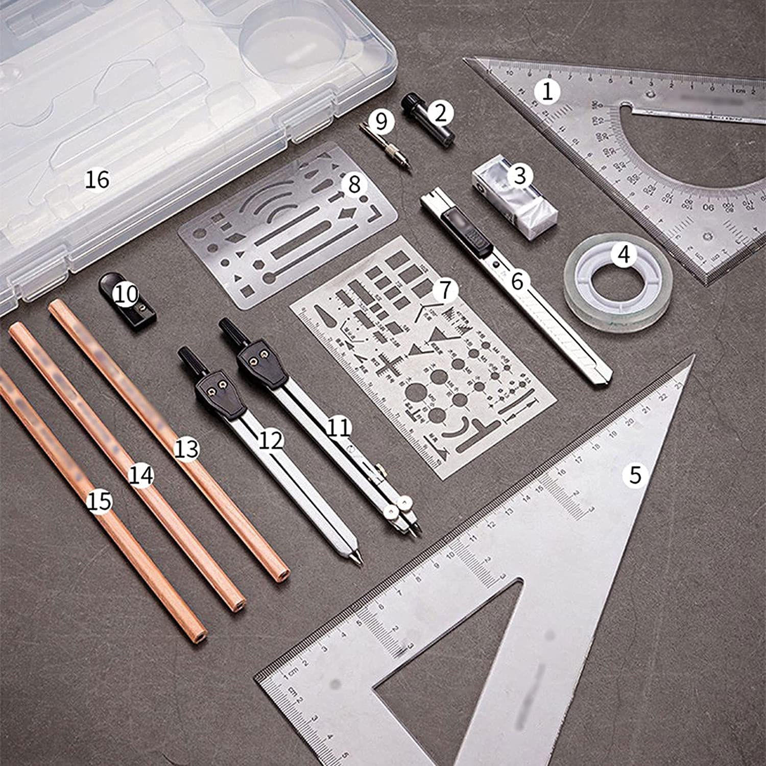 AKAZI 16-teiliges Kompass-Set Mathematik-Geometrie-Werkzeug-Set mit Bleiminen Winkelmesser-Set Ideal für Schule, Zuhause und Büro Geometrie-Set