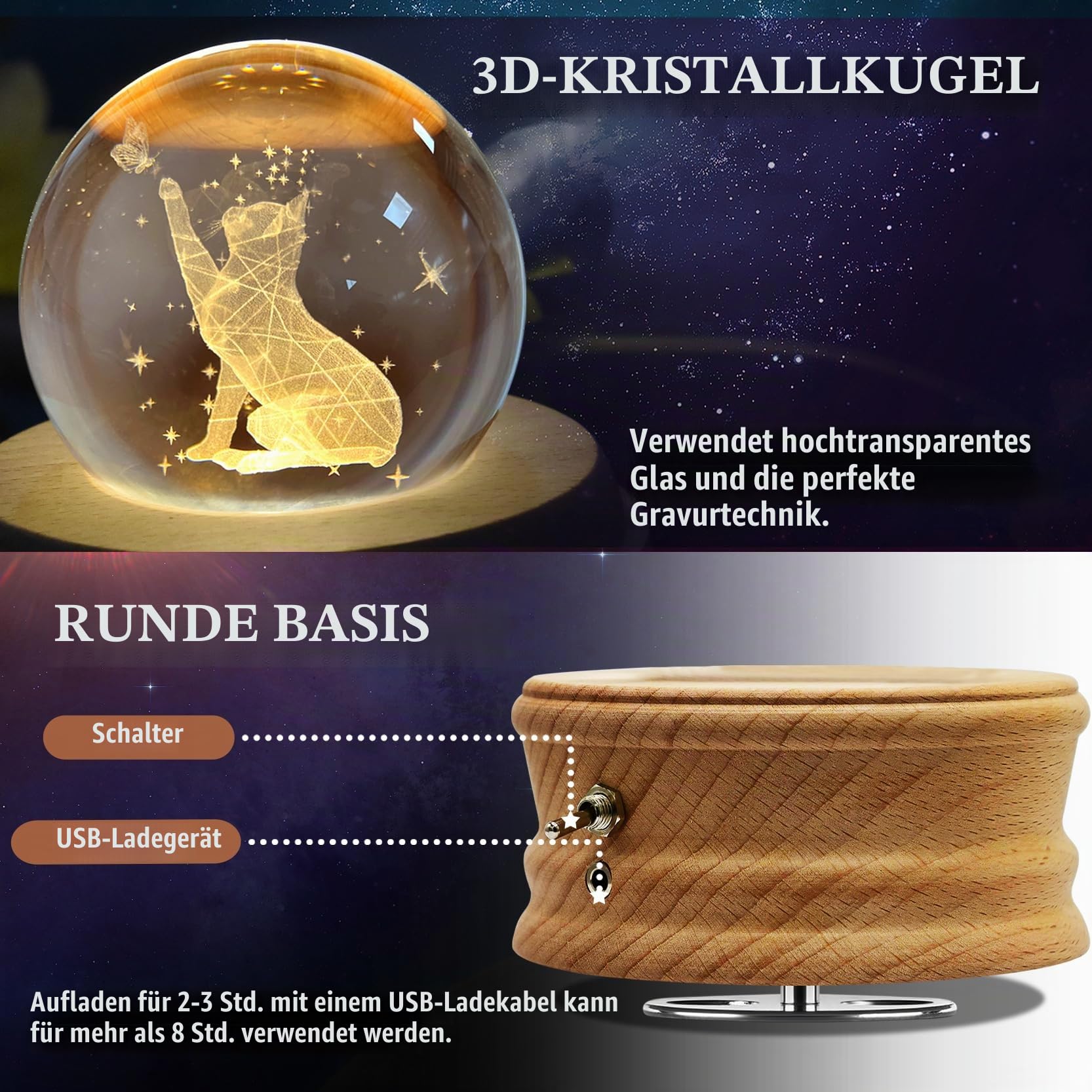 Kristallkugel Spieluhr, Hölzerne Spieluhr mit Projektionsfunktion, 360° Rotierende Drehbar Holzsockel, 3D K9 Glas, Geschenke für Frauen Mama Geburtstagsgeschenk Valentinstag