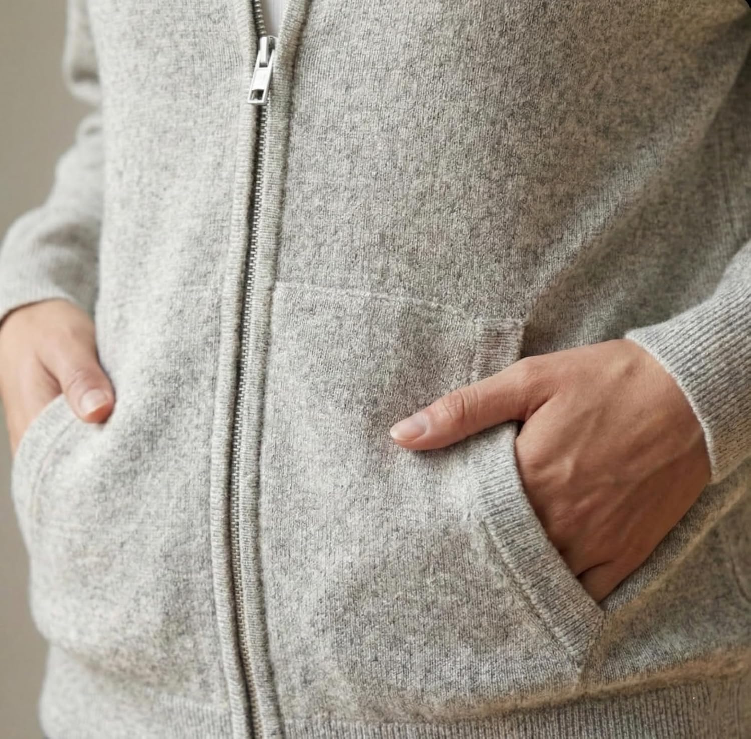 NPIA Certified Men's 100% Undyed Cashmere Zip-Up Hoodie | Organic Chemical-Free Heavyweight 375g - Image 3