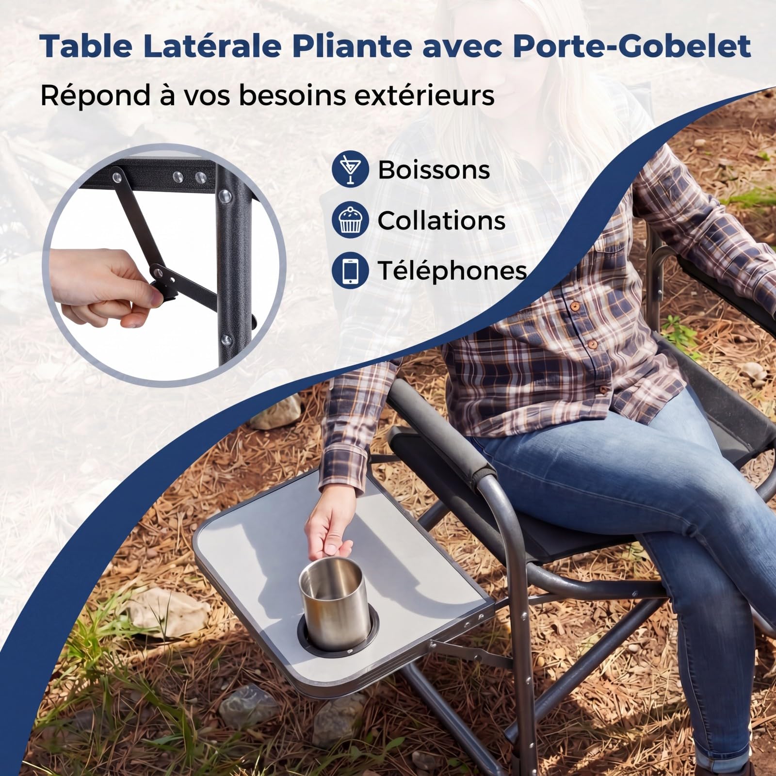 COSTWAY Chaise Pliante Camping, Chaise Extérieure avec Tablette Pliante, Charge 180 kg, Cadre en Métal, Tissu Oxford, Porte-gobelet, Fauteuil pour Pêche Plage Camping, 82 x 46 x 88 cm (Noir)