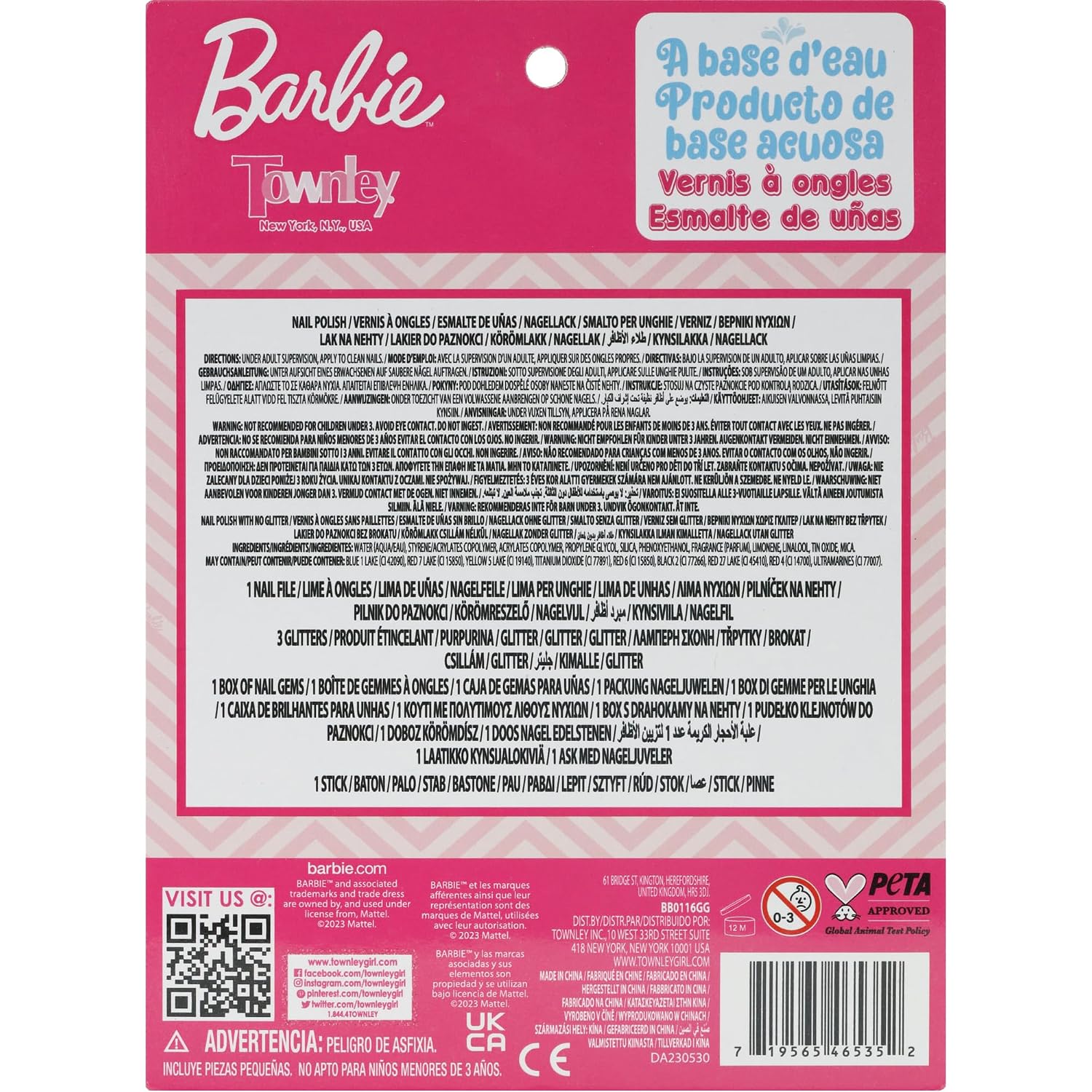 Barbie- Townley Girl Water Based Peel-Off Nail Polish Set with Shimmery Colors, Gem Wheel, & Nail Accessories for Girls & Teens Ages 3+, Perfect for Parties & Sleepovers, 10 Pc Set