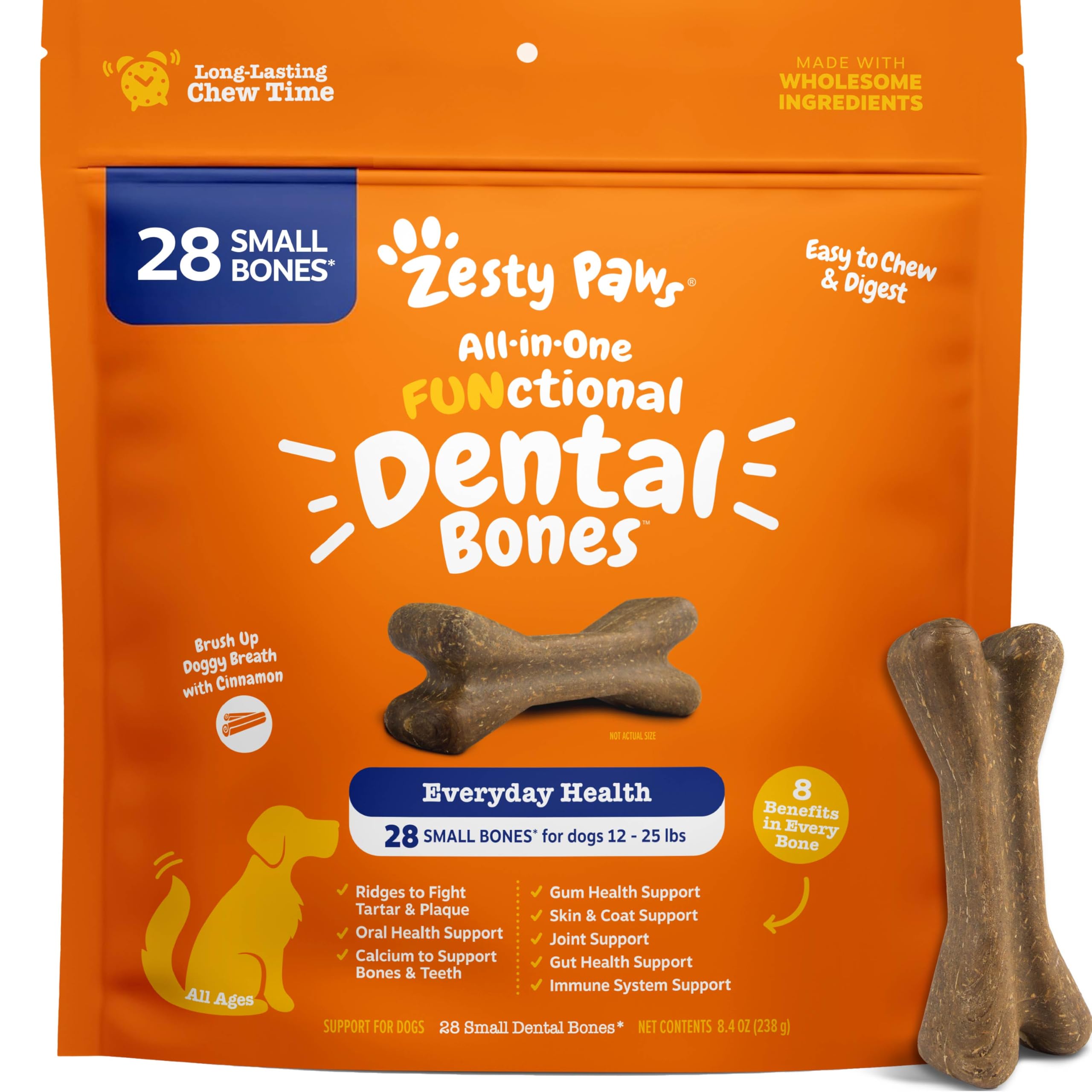 Dental Bones - Fights Tartar & Plaque - Gum, Teeth & Bone Health - Cinnamon for Dog Breath - Immune, Joint, Gut, Skin & Coat Support - Omega 3 EPA & DHA and Calcium - Small Dogs - 28 ct