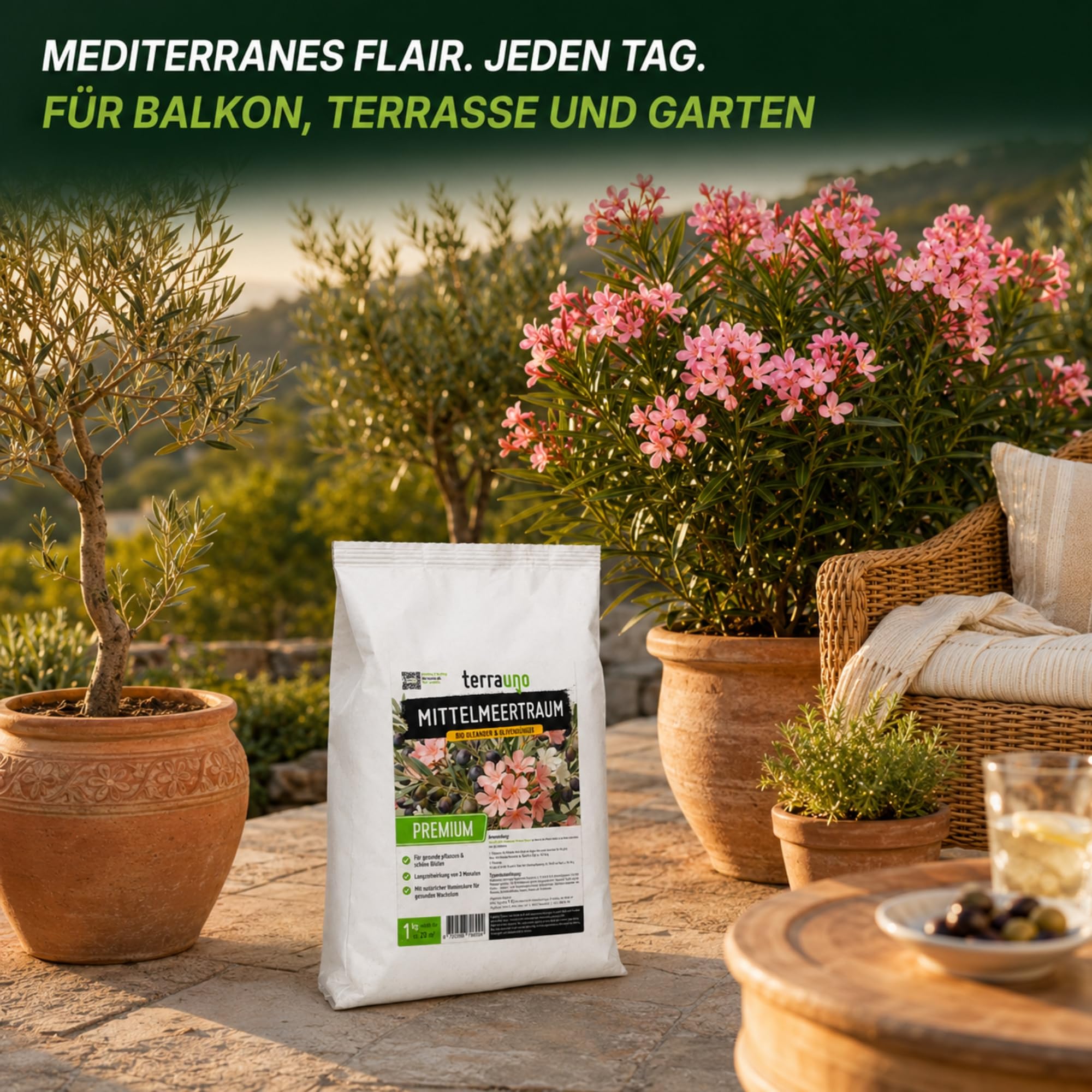 TerraUno Mittelmeertraum Olivenbaum & Oleander Dünger Bio 1 kg, für mediterrane Pflanzen, Zitrus & Palmen, Langzeitdünger mit Huminsäure, Organischer Volldünger Granulat