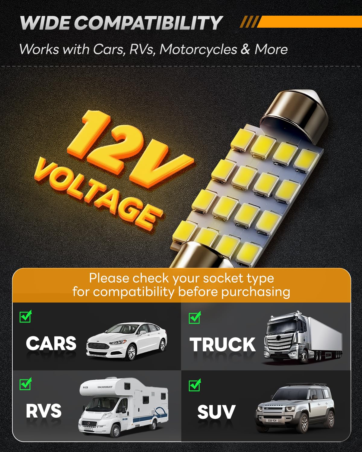 48Pcs Led Interior Car Lights Kit, Premium Bright White Led Bulb (194 T10 T5 De3175 578 31mm 42mm) | Dome Map Dash Door License Plate Tail Light Bulbs, Interior Lights for Cars, Trucks, Rv, Boat