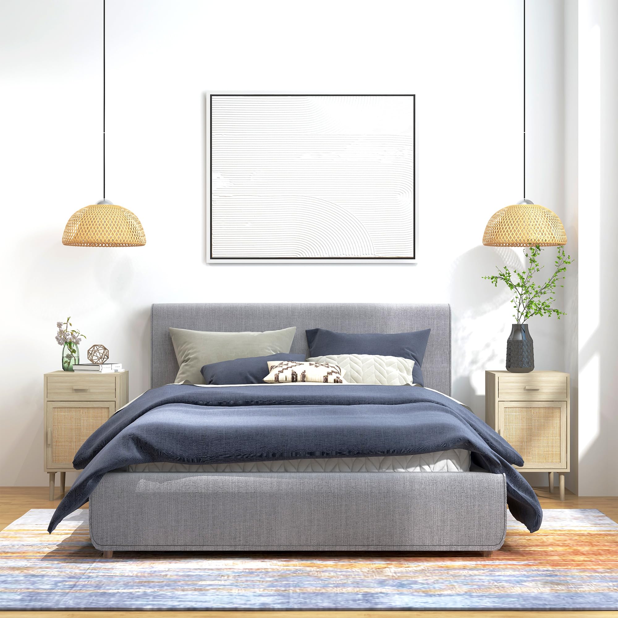 HOMCOM Juego de 2 Mesitas de Noche con Cajón de Ratán 40x40x68,5 cm Roble | Mesillas de Noche, Mesitas Auxiliares, Estante Ajustable, Pack de 2, Dormitorio, Salón