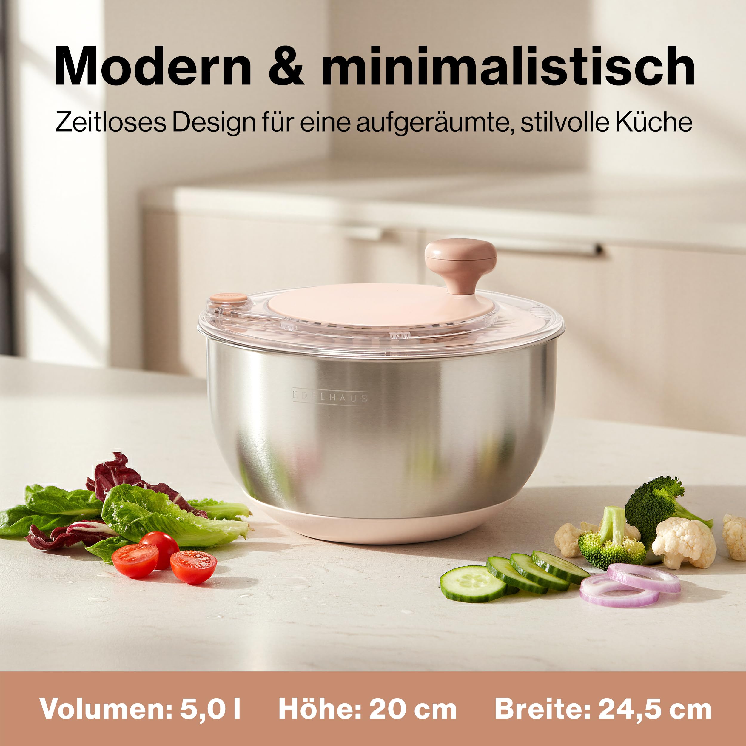 EDELHAUS Salatschleuder Edelstahl 4,5L – Salad Spinner mit Stopp-Taste, Ausgießer & Kurbel | Salatschüssel mit rutschfestem Boden | BPA-frei Salatschleuder mit Deckel | Spülmaschinengeeignet