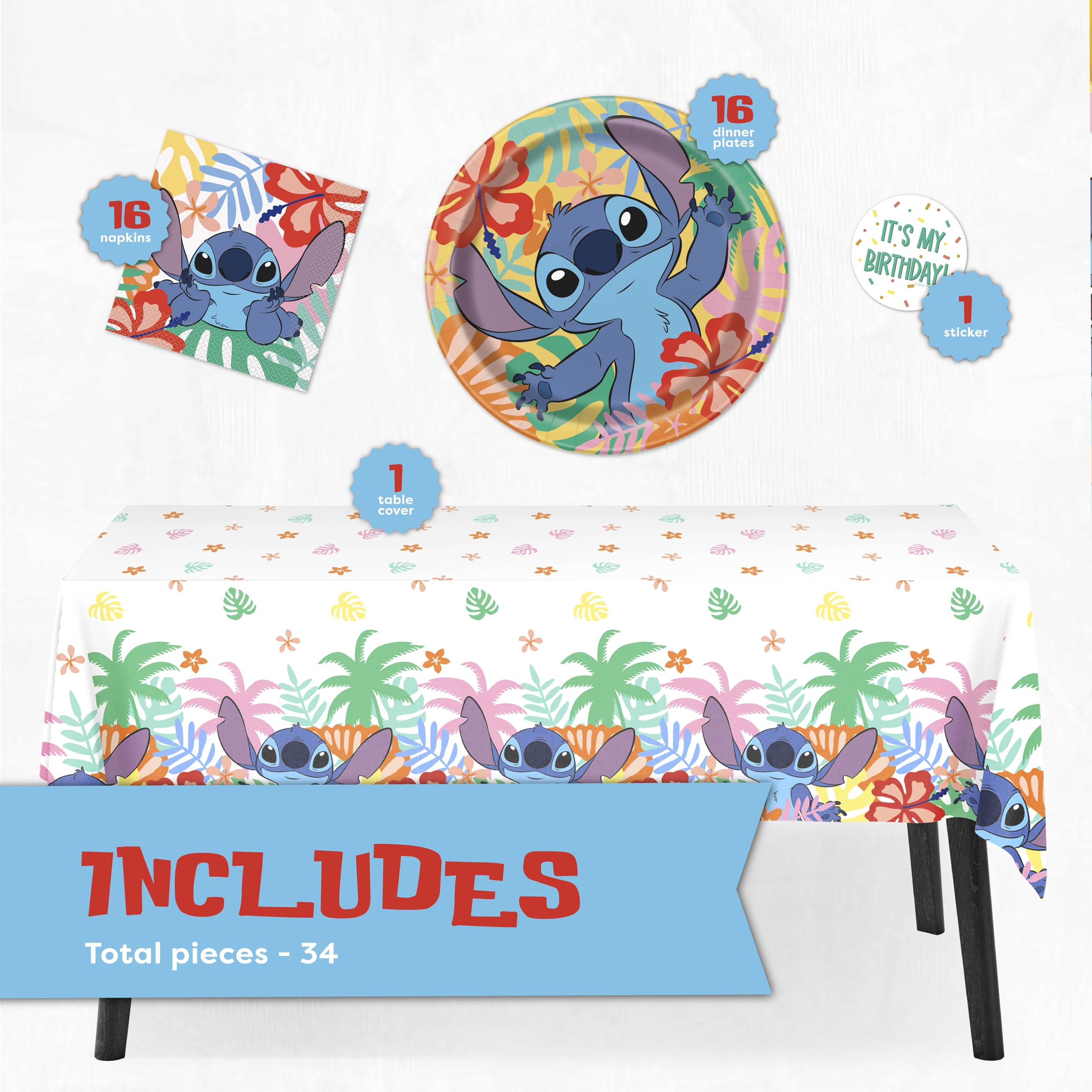 Lilo and Stitch Birthday Party Decorations for 16 | Tablecloth, Plates and Napkins, Sticker | Stitch Birthday Decorations | Officially Licensed