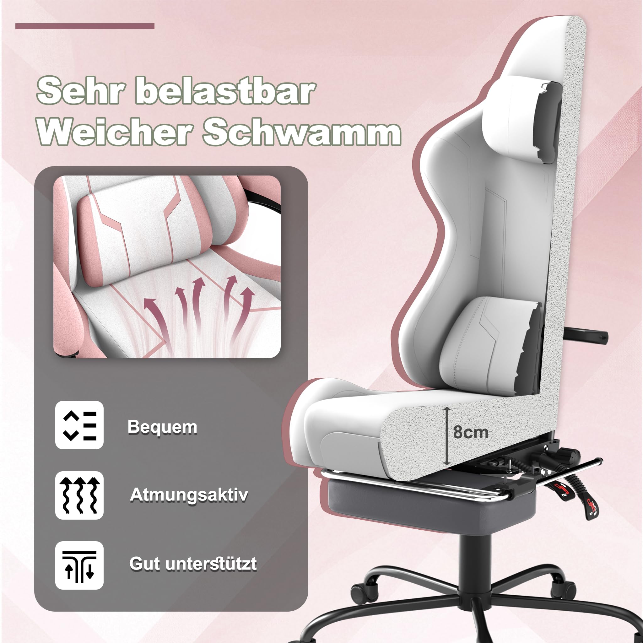Chaise de jeu, avec massage vibrant et repose-pieds, fauteuil ergonomique pour esports, avec oreiller, accoudoirs, chaise de bureau, hauteur réglable jusqu'à 135 kg, rose