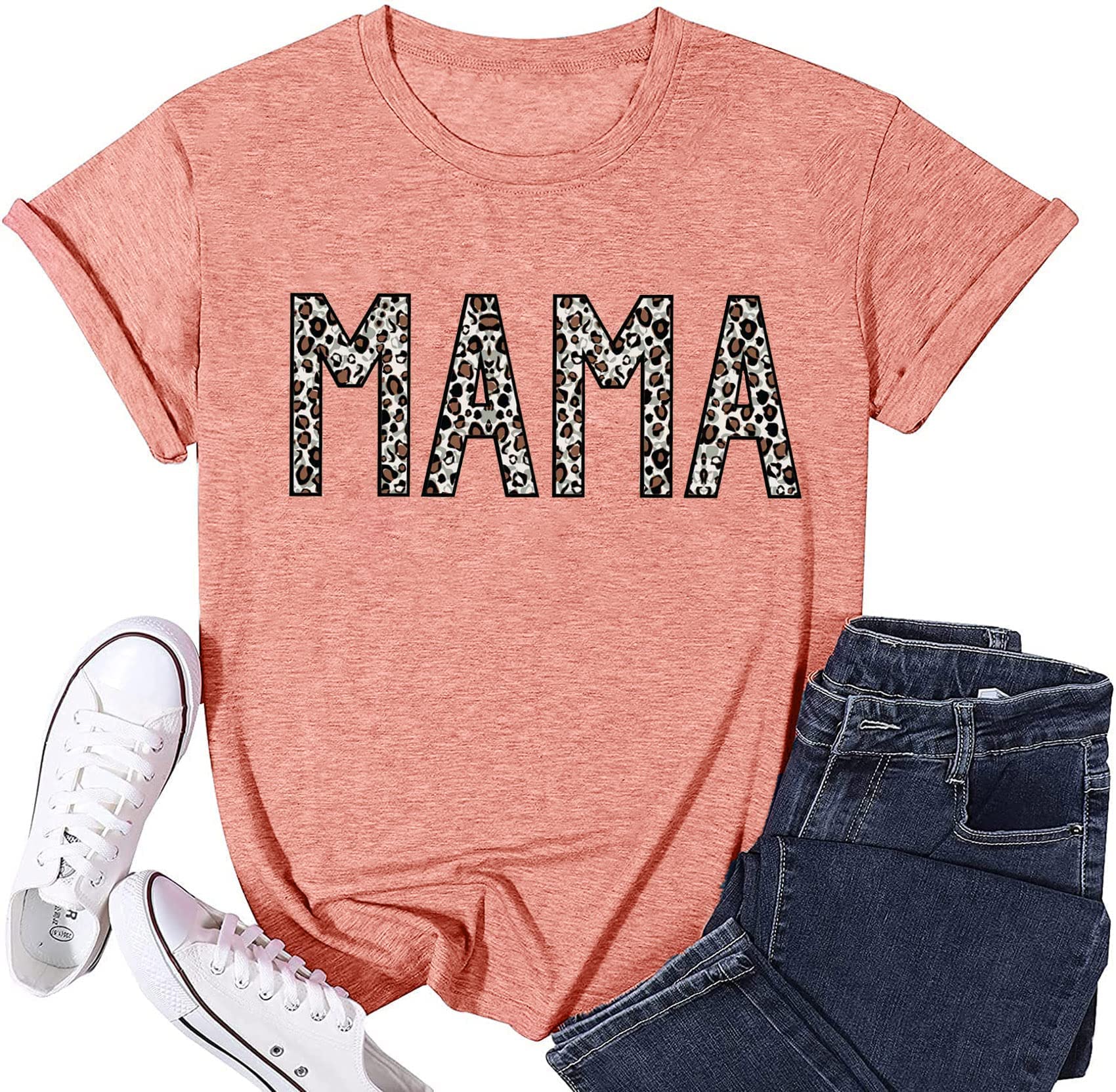 Mama Shirts for Women Funny Leopard Print Mama Graphic Tee Mother's Day T Shirt Casual Tops