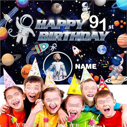 Miniatura 5 de Cartel de decoración de cumpleaños número 91 con tema espacial personalizado, pancarta de tela personalizada para suministros de fiesta