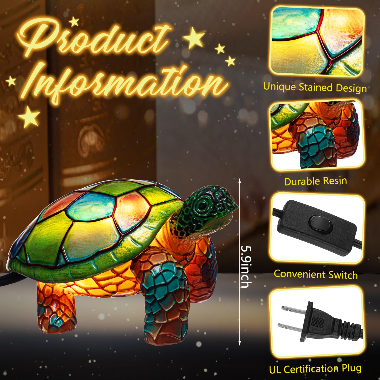 Retisee 3D Turtle Lamp, Cute Stained Resin Sea Turtle Night Light Bohemian Vintage Animals Night Light for Boy Girl Decorative Bedroom Nursery Office Home Kids Birthday Xmas Gift Idea Supplies