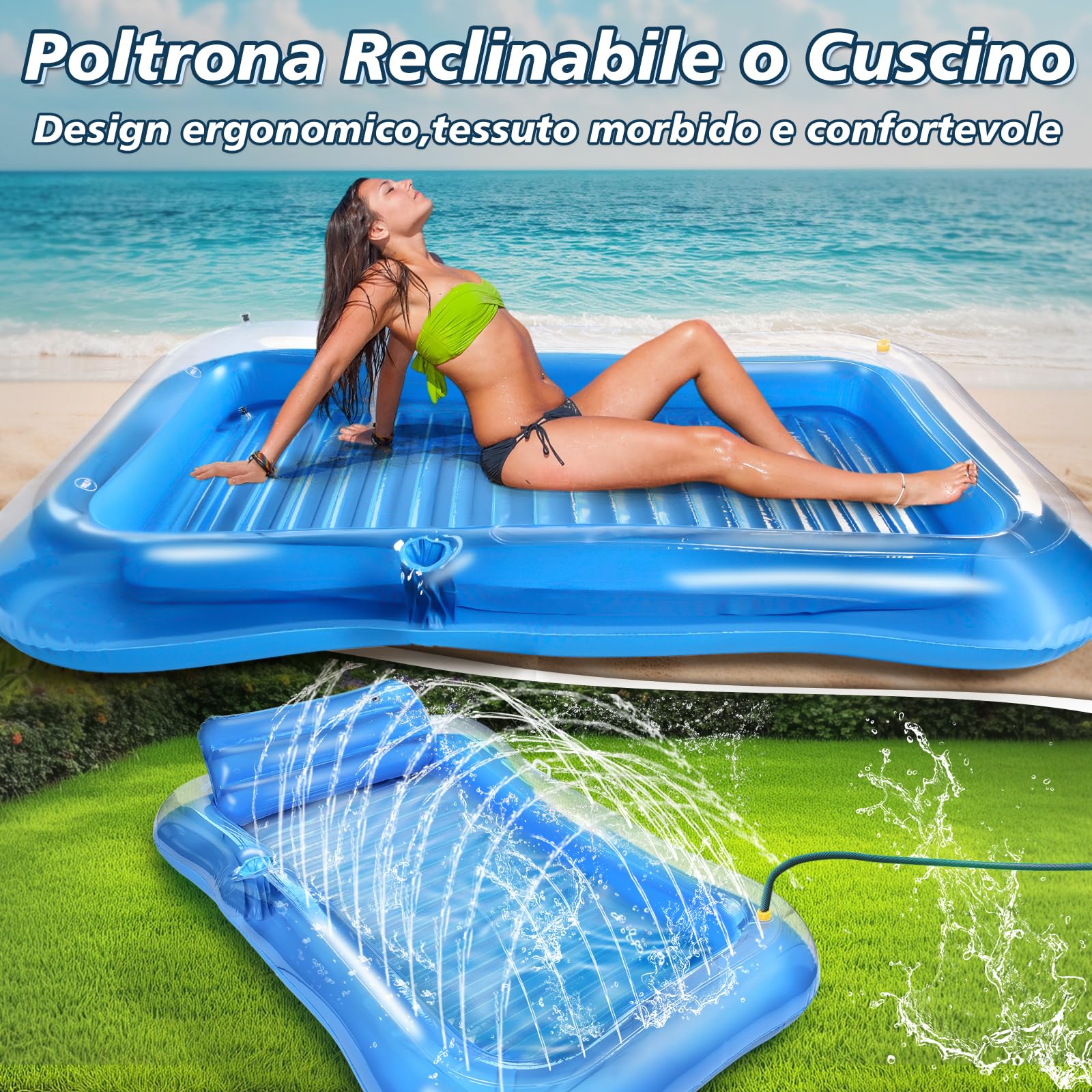JONRRYIN Materassino Gonfiabile Mare Adulti, Amaca Galleggiante Relax, Tanning Pool Sdraio con Poggiatesta Integrato, Letto Acqua Comfort 200 × 124 cm per Spiaggia Lago Feste Estive Vacanze